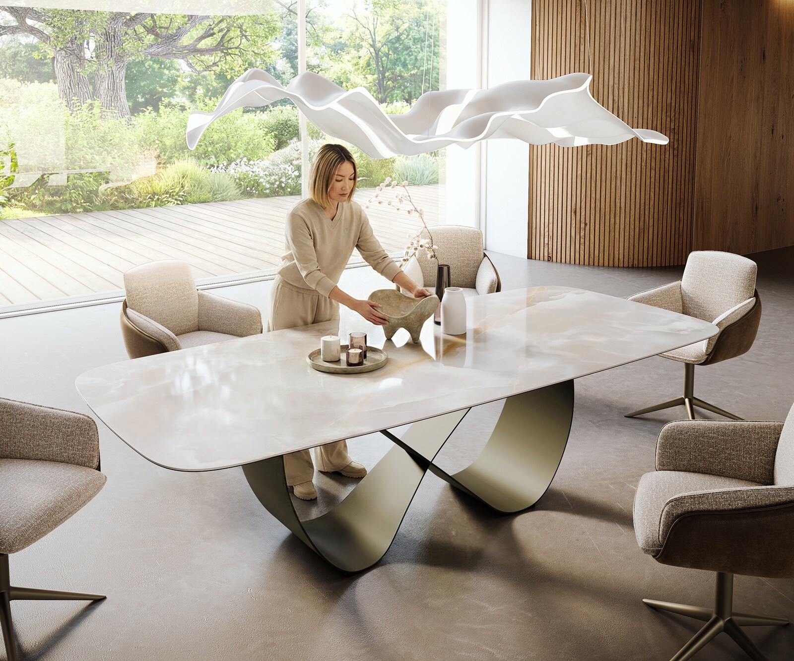 Eetkamertafel Edge Boot 270x120 cm Keramiek Iris FMG Onice Grigio Infinity Metaal Effectafwerking Titan 1