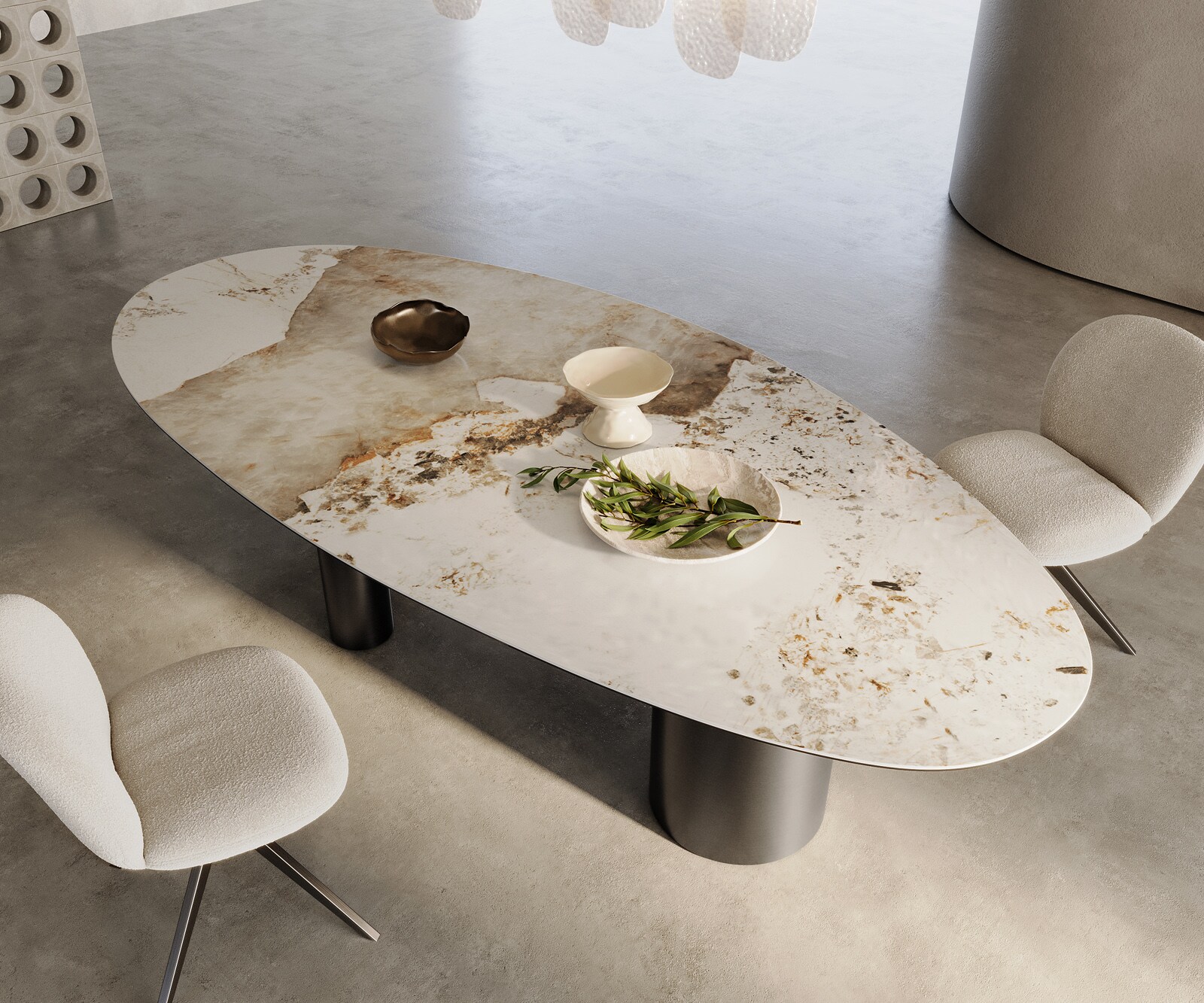 Eetkamertafel Edge ovaal 280x130 keramiek Minas Melange wit-Beige Troa roestvrij staal grafiet 2