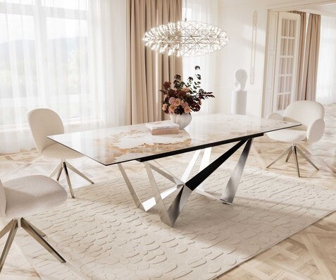 Eetkamertafel Edge 180-220x100 keramiek Minas Melange wit-beige spider vlak staal RVS uitschuifbaar