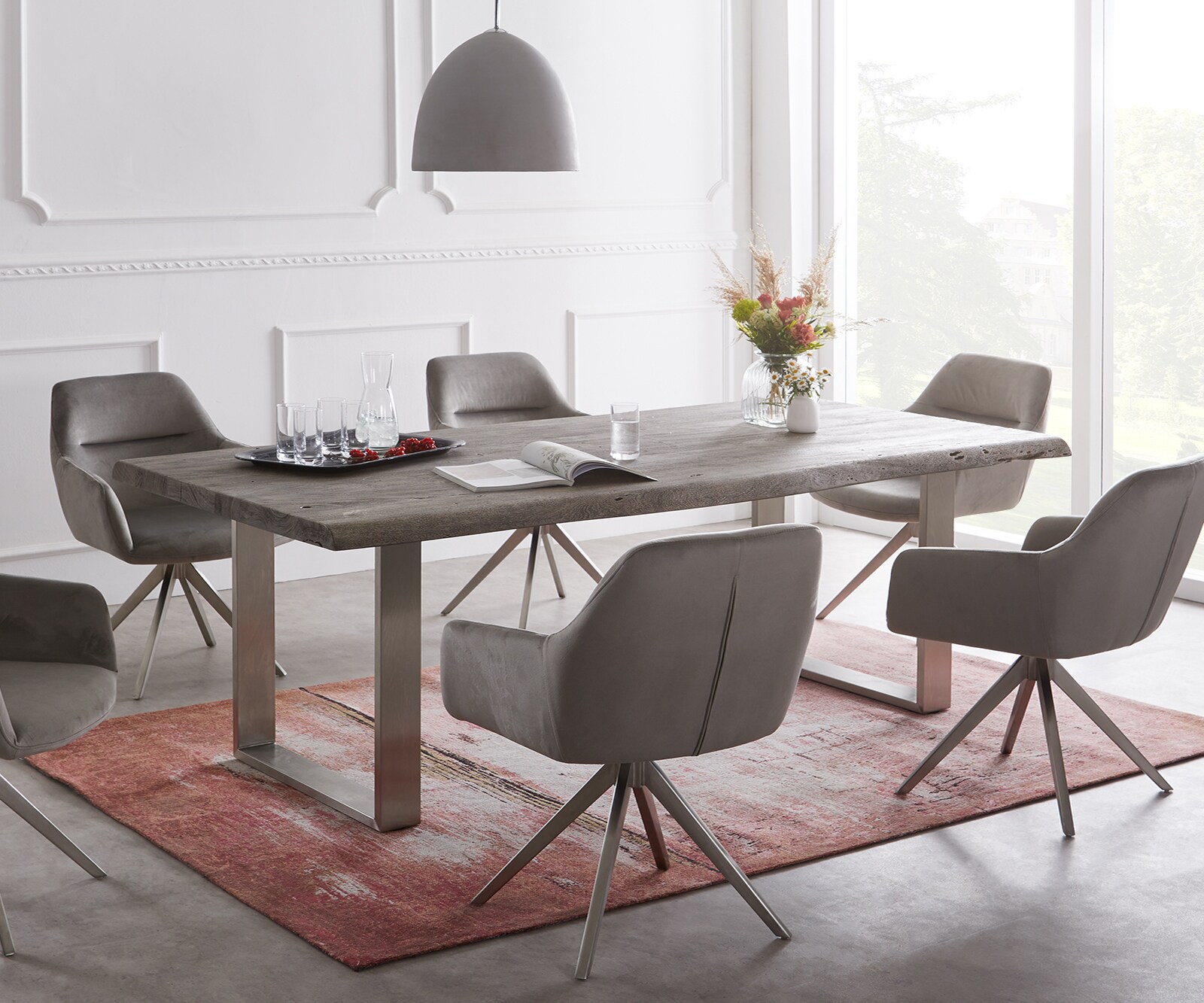 Eettafel Edge 200x100 XL acacia platina roestvrijstaal smal Live-Edge
