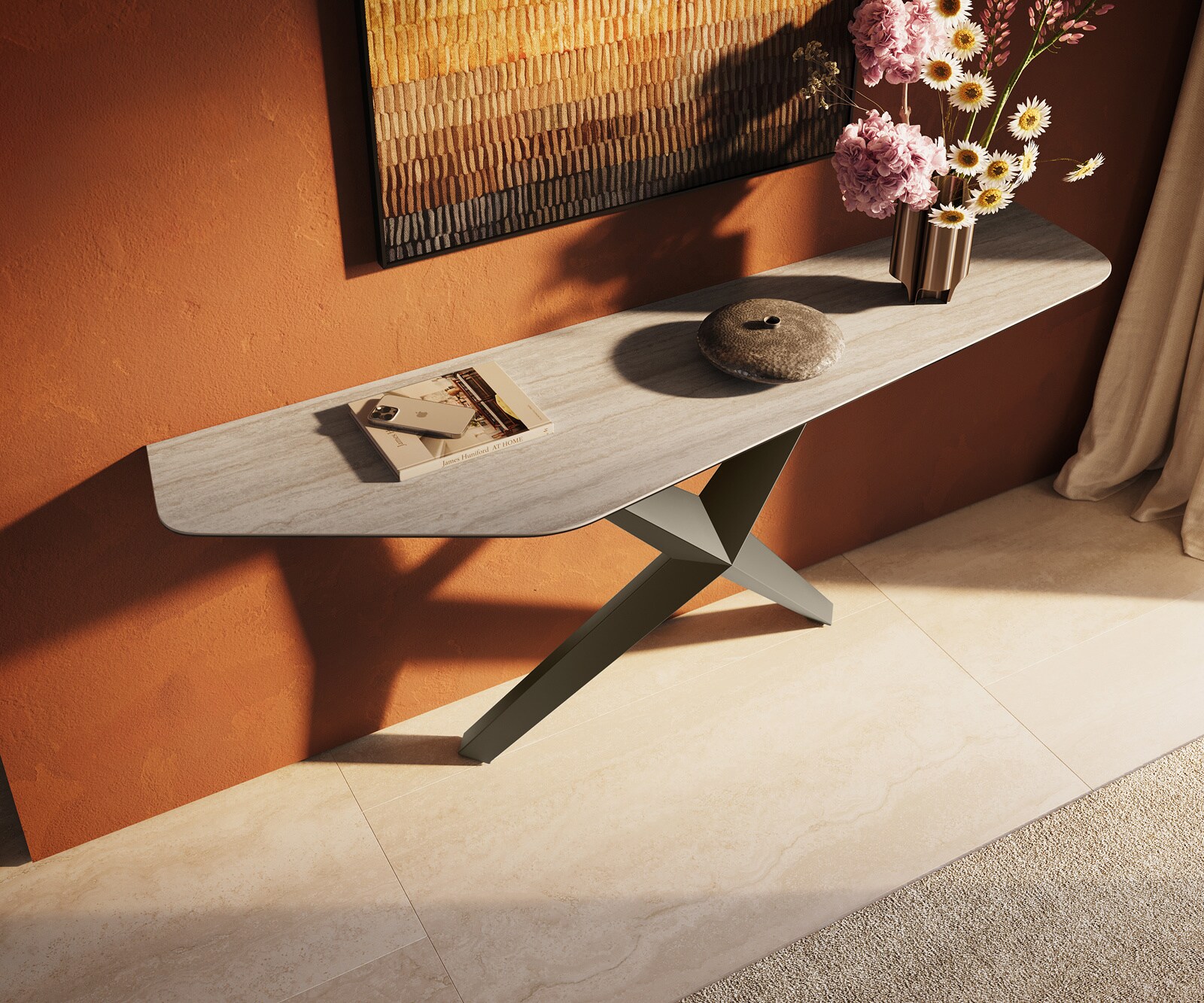 Consoletafel Edge Polygonaal 180x50 cm Keramiek Laminam® Travertino Bianco Creme-Weiß Zentharo Metaal Effektfinish Titan 2