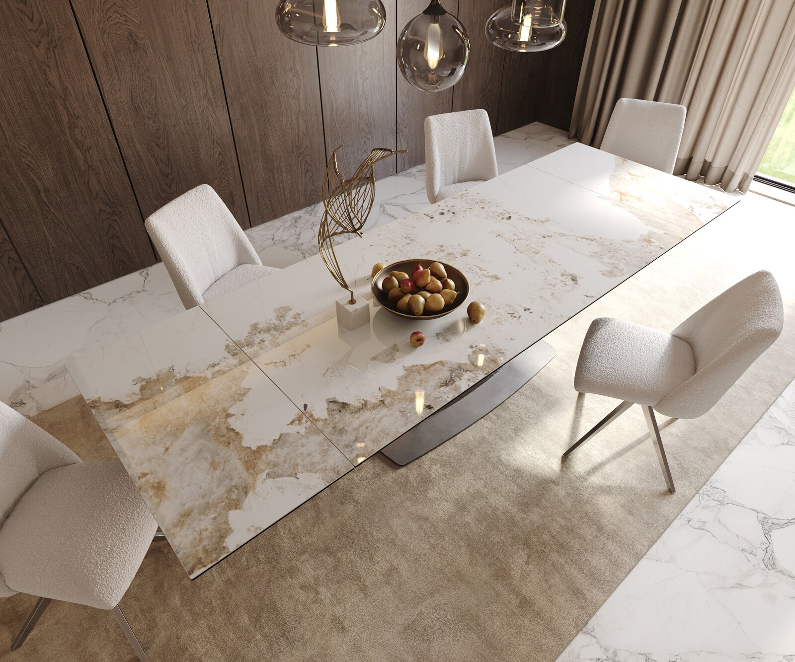 Eetkamertafel Edge 200-300x100 keramiek Minas Melange wit-beige Wave RVS uitschuifbaar 5