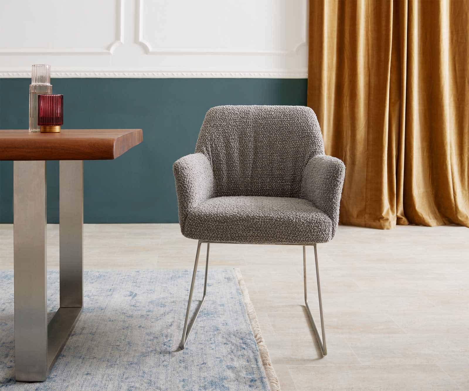 Eetkamerstoel Xana-Flex met armleuning bouclé zilver grijs slipframe roestvrij staal pocketveer kern 1 Eetkamerstoel Xana-Flex met armleuning bouclé zilver grijs slipframe roestvrij staal pocketveer kern 1