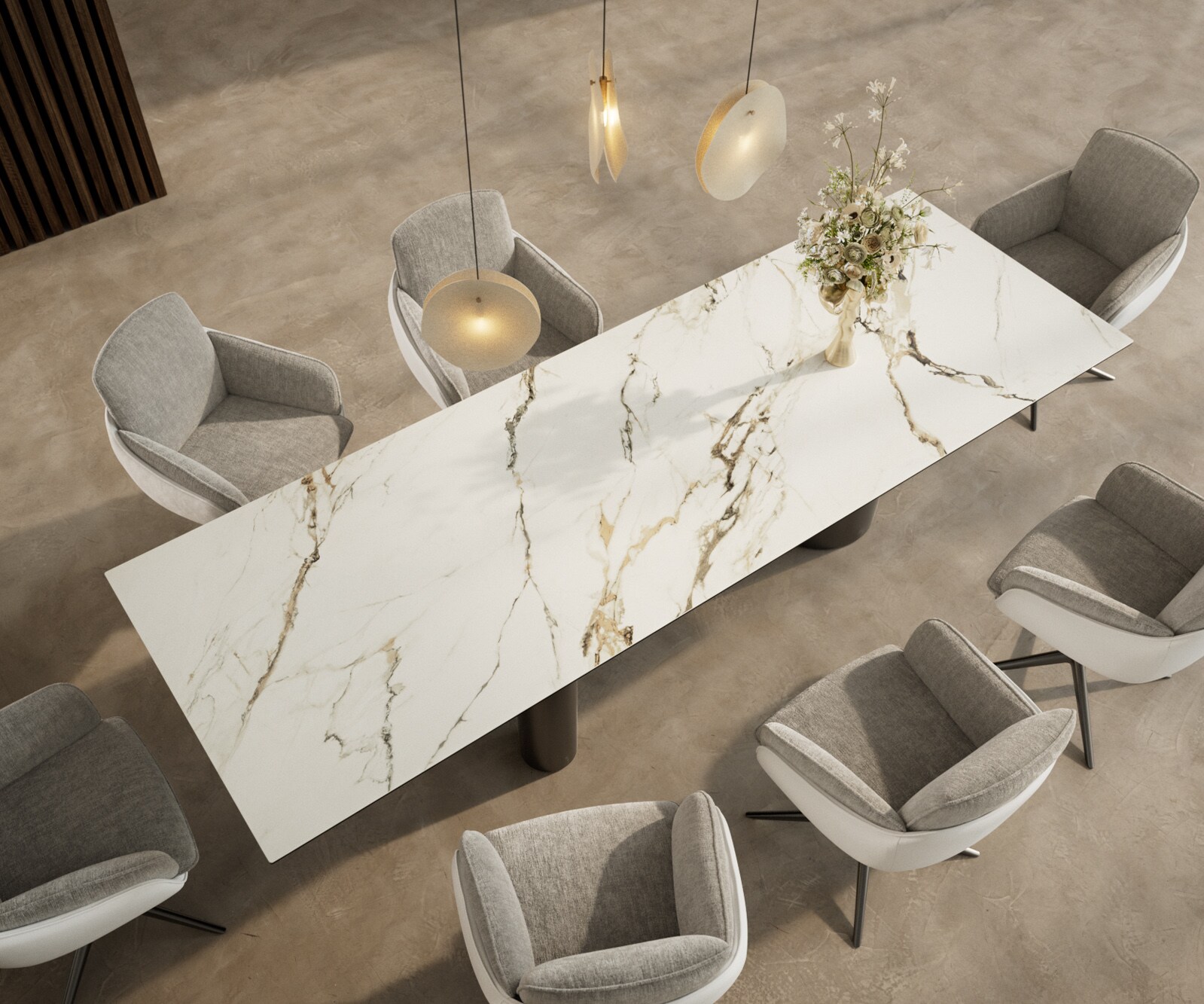 Eetkamertafel Edge 300x100 keramiek Calacatta Luxe wit-Gold-grijs Troa roestvrij staal grafiet 3