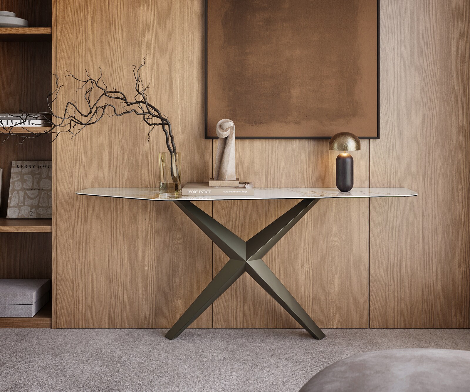 Consoletafel Edge Polygonaal 180x50 cm Keramiek Minas Melange Weiß-Beige Zentharo Metaal Effektfinish Titan 1