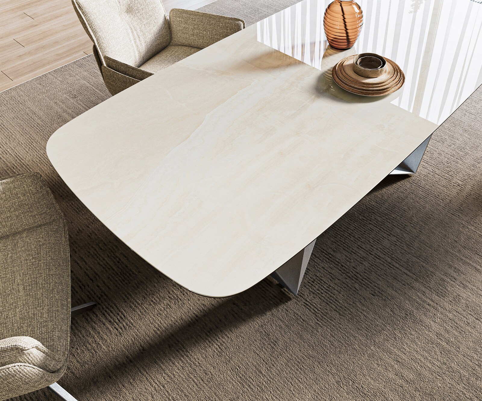 Eettafel Edge boot 200x100 cm keramiek Onyx Champagne Spider platstaal roestvrij staal grafiet 4