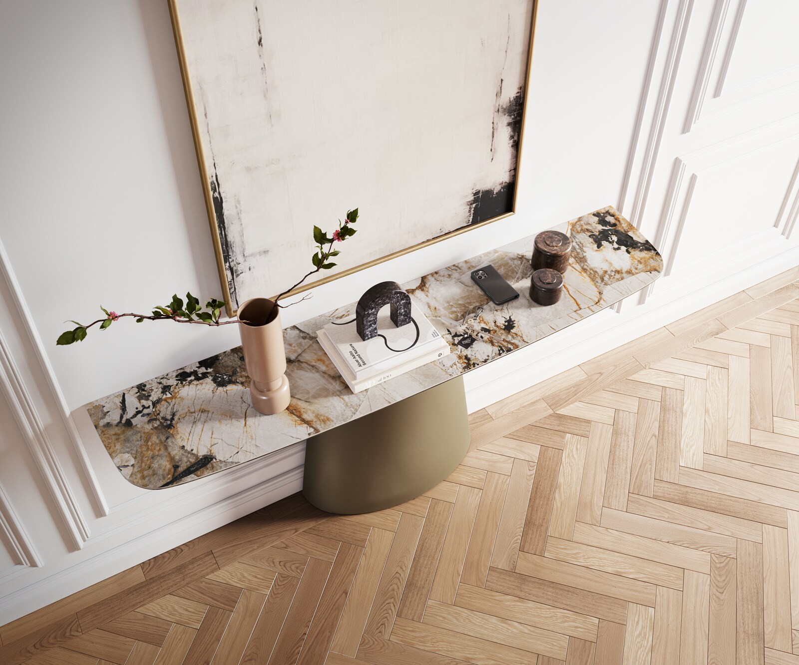 Consoletafel Edge Bootvorm 180x40 cm Keramiek Patagonia Poliert Conos Metaal Effektfinish Titan 4