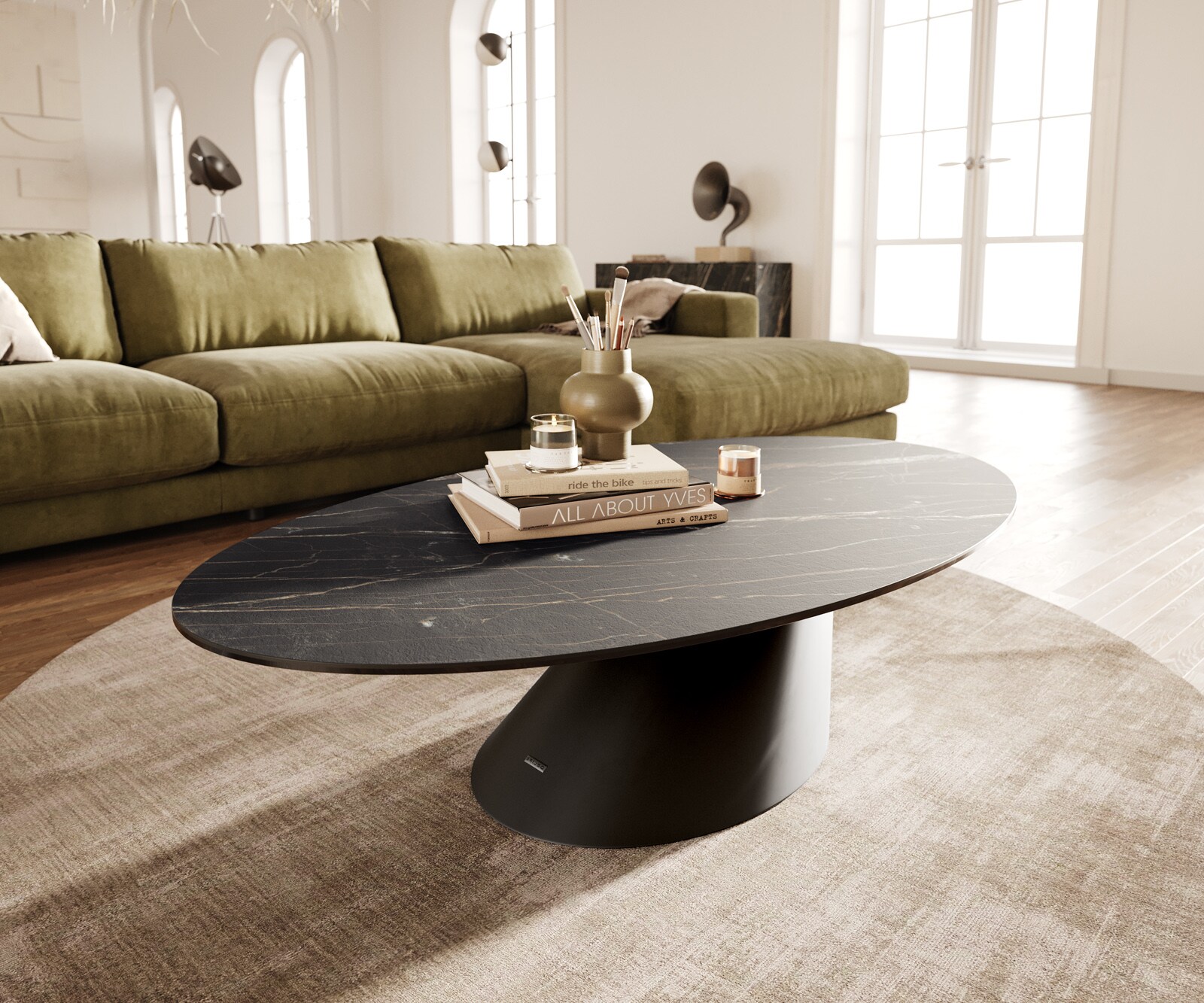 Salontafel Edge Oval 140x80 cm keramiek Laminam® Noir Desir bruin Conis zwart metaal