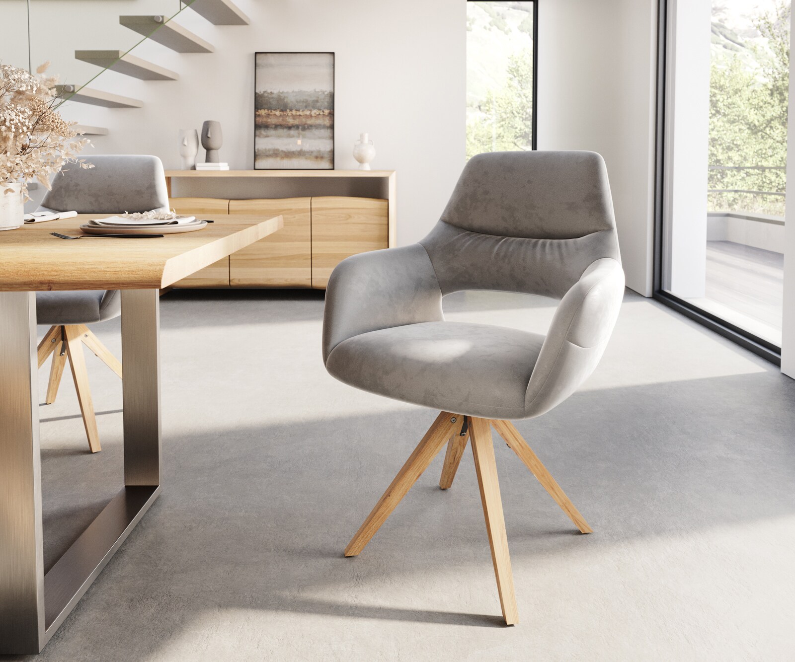Eetkamerstoel Yago-Flex met armleuning fluweel grijs houten frame hoekig natuur pocketveer kern