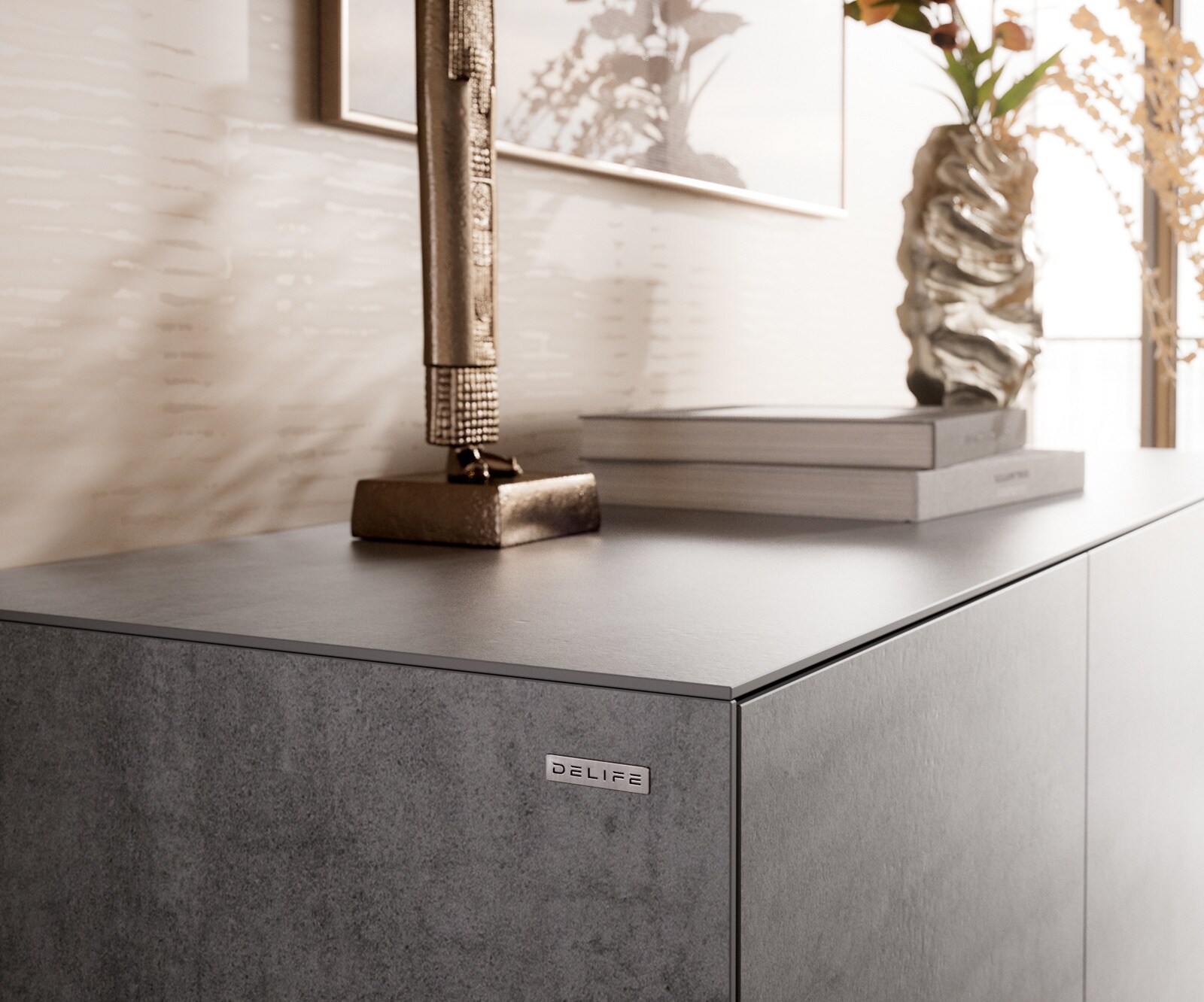 Dressoir Cuor 150 cm Keramiek Beton Grijs 3 Deuren Zwevende voet look Acrylglas 5