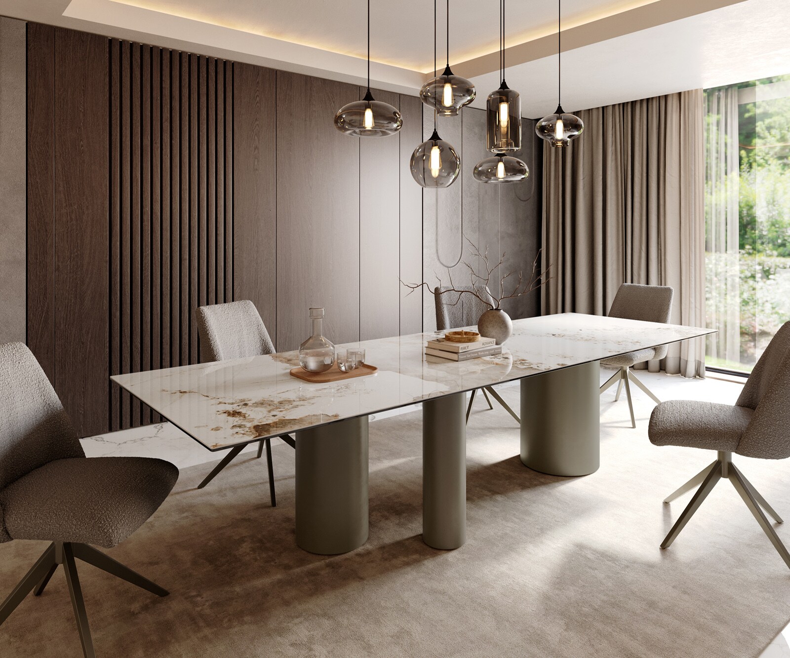 Eetkamertafel Edge 300x100 keramiek Minas Melange wit-Beige Troa metaal effectafwerking titaan 1