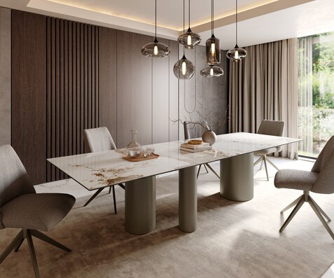 Eetkamertafel Edge 300x100 keramiek Minas Melange wit-Beige Troa metaal effectafwerking titaan