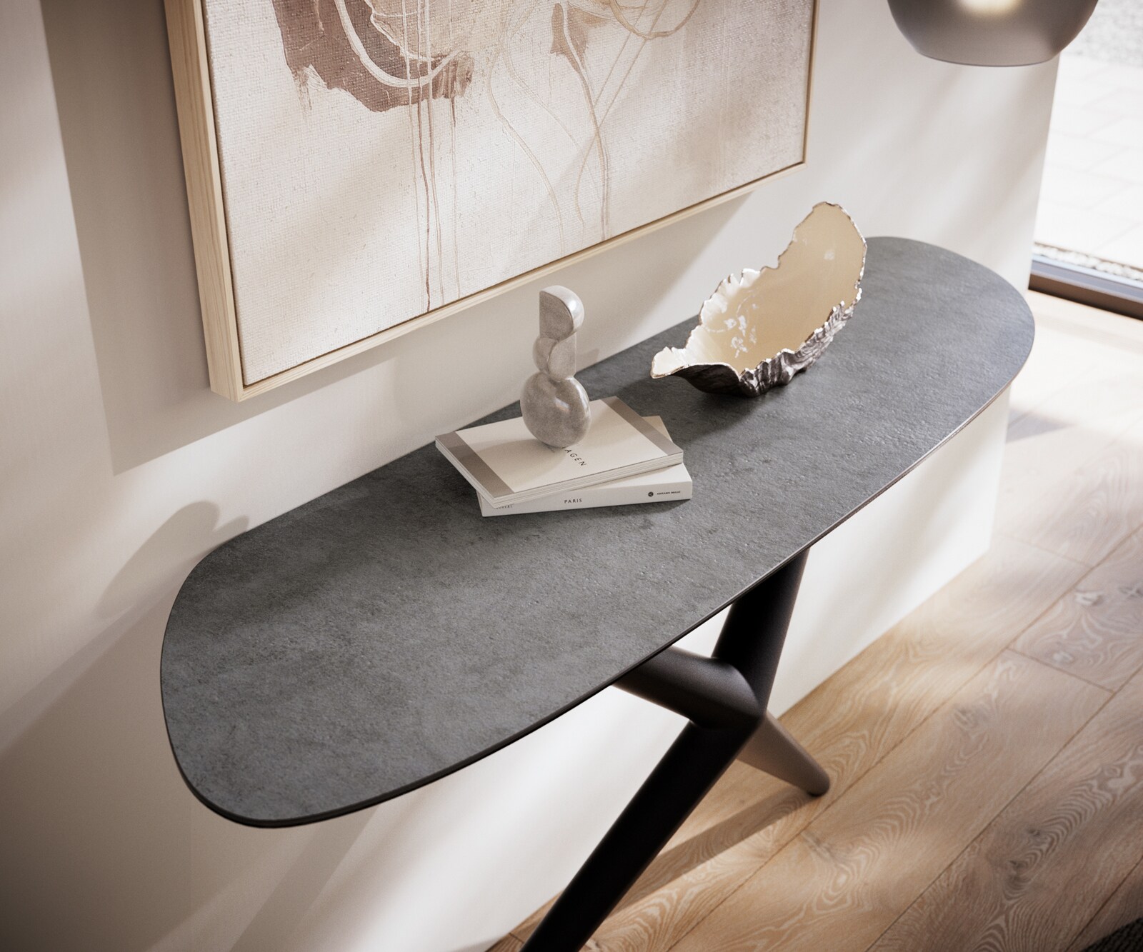 Consoletafel Edge Organisch 140x40 cm Keramiek Beton Grijs Estelo Metaal Zwart 6