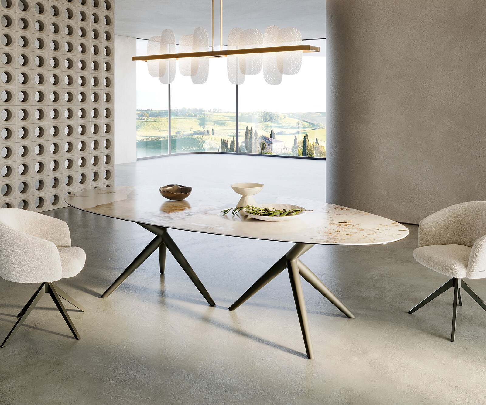 Eettafel Edge Oval 280x130 keramiek Minas Melange wit-beige Estelar rond metaal effect afwerking titanium 6