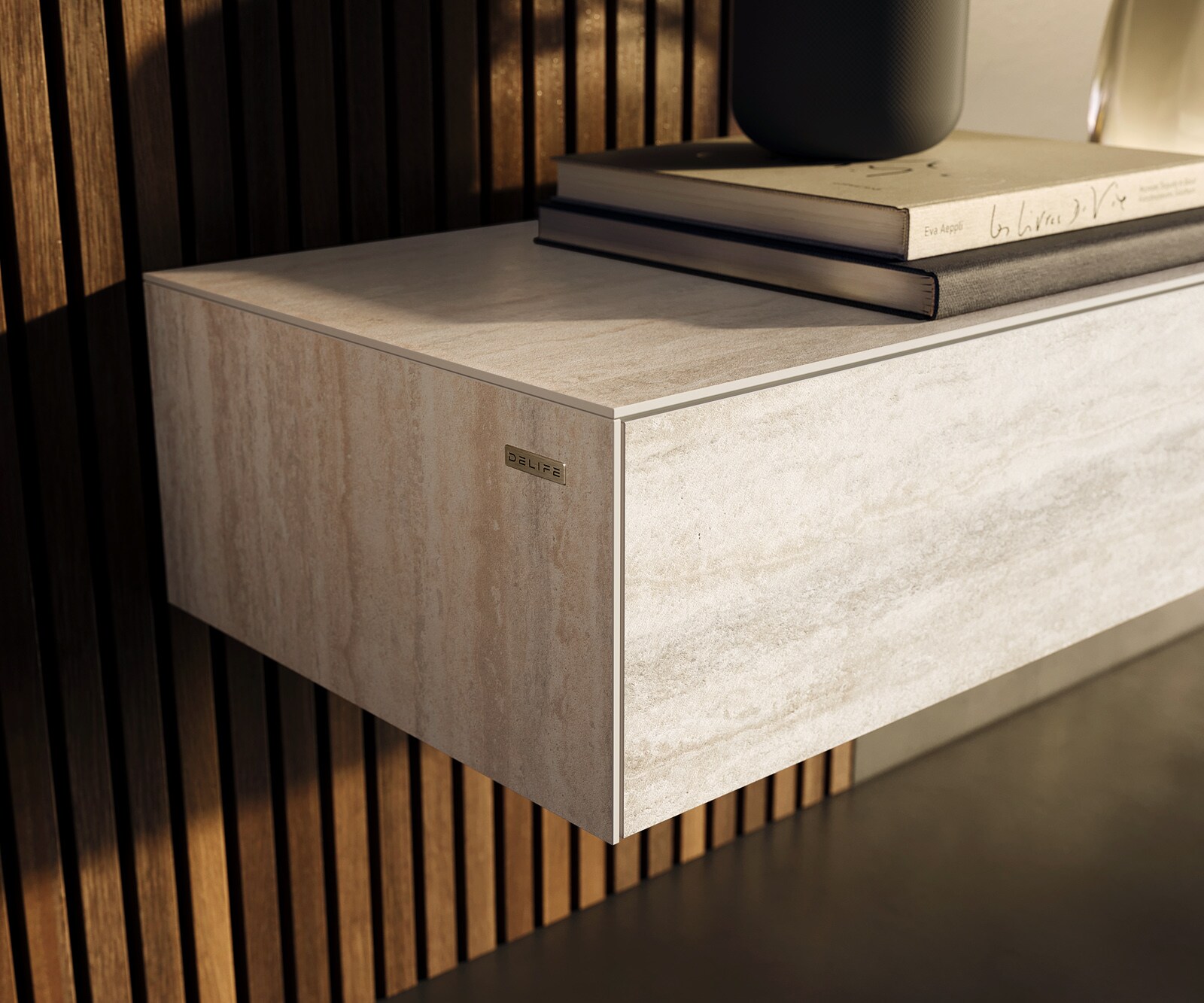 Tv-meubel Cuor 250 cm Keramiek Laminam® Travertino Bianco Crème-wit 1 Flap 1 Lade Zwevend 6