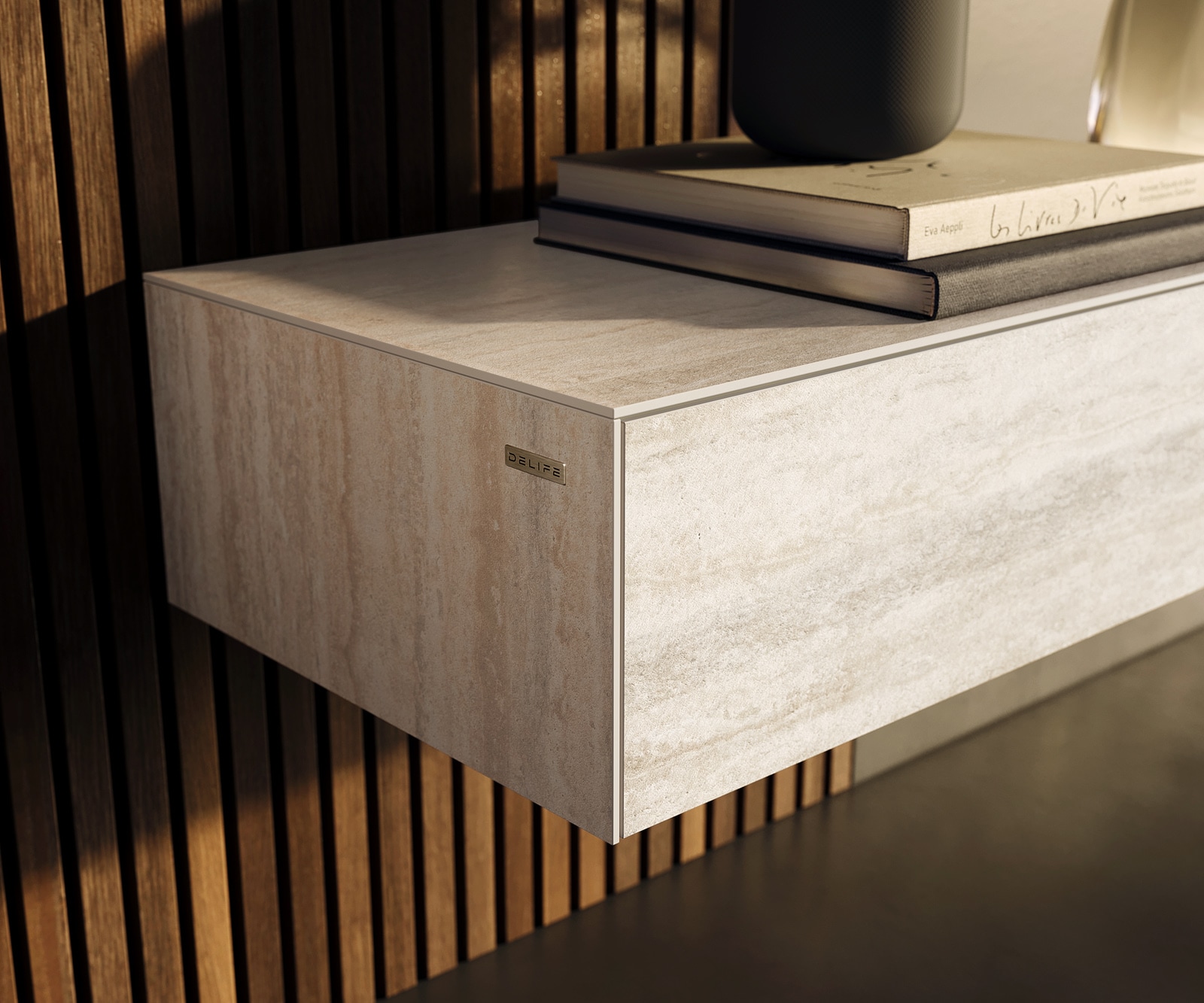 Tv-meubel Cuor 250 cm Keramiek Laminam® Travertino Bianco Crème-wit 1 Flap 1 Lade Zwevend 6