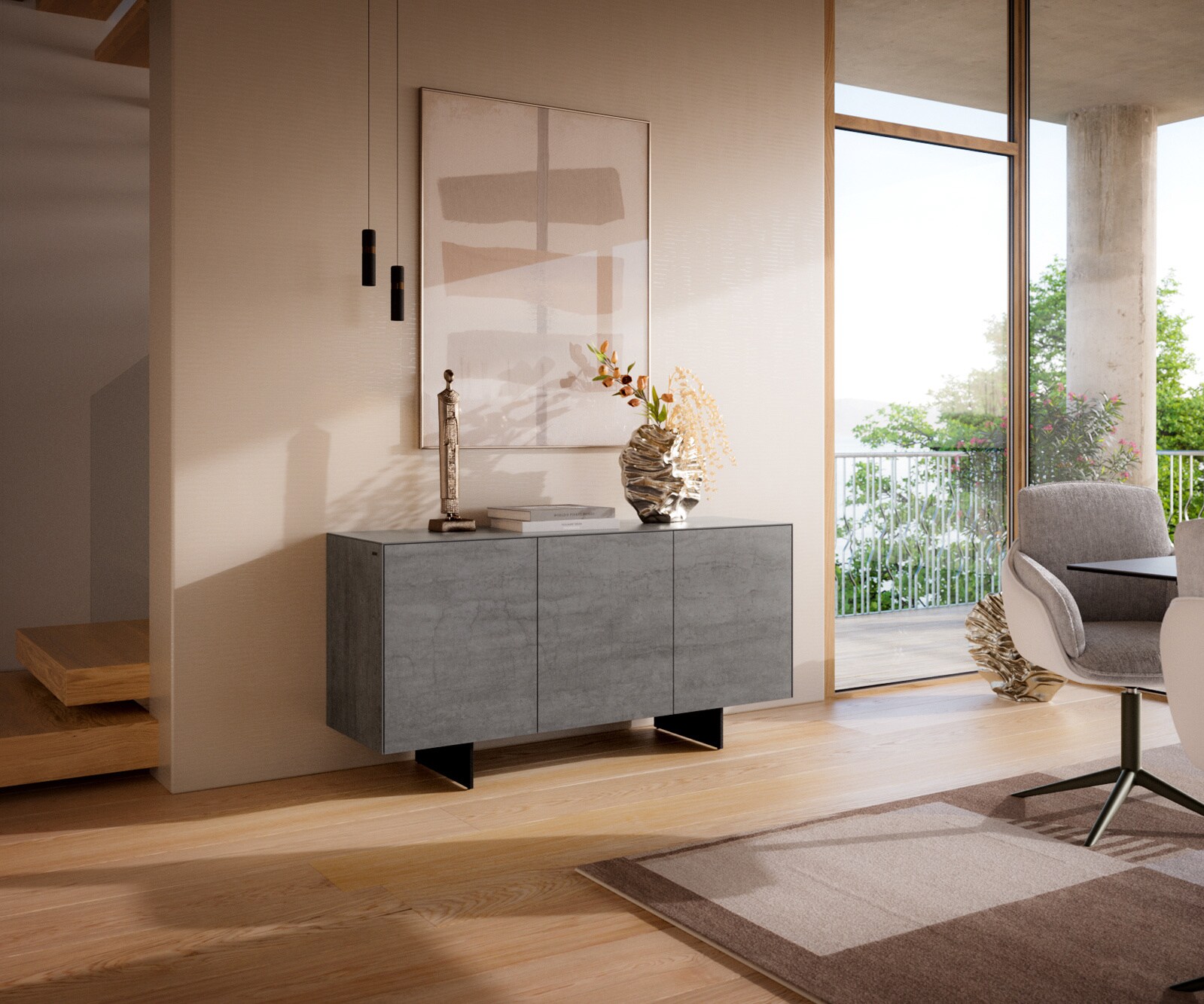 Dressoir Cuor 150 cm Keramiek Beton Grijs 3 Deuren Zwevende voet look Metaal Zwart 1