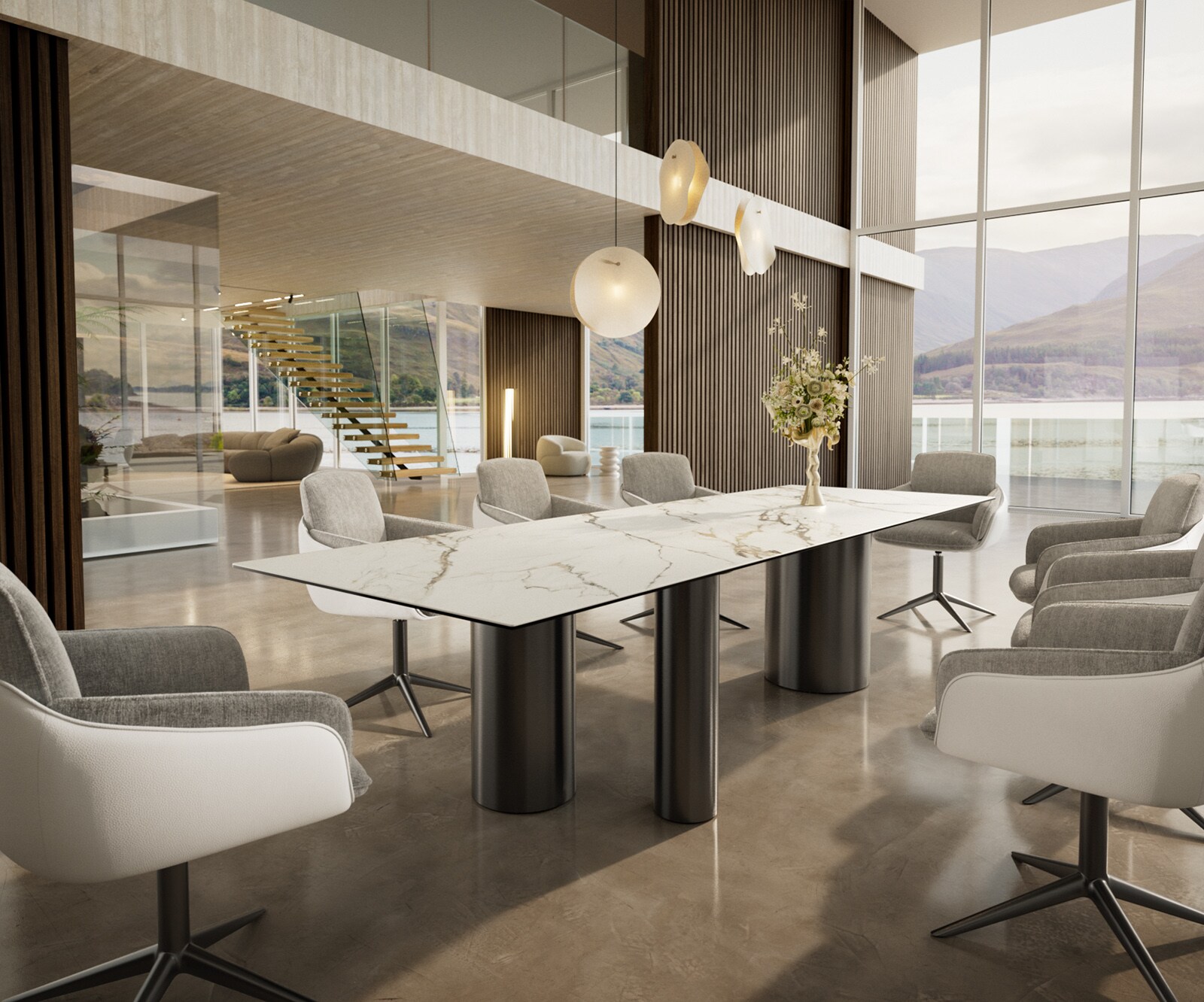 Eetkamertafel Edge 300x100 keramiek Calacatta Luxe wit-Gold-grijs Troa roestvrij staal grafiet 6