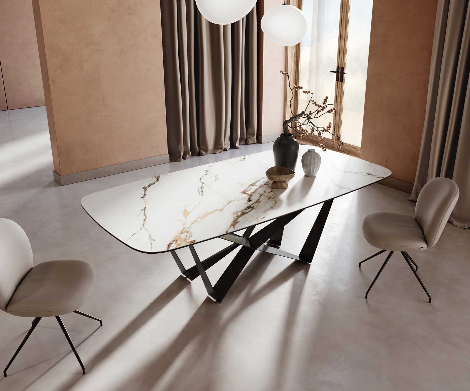 Eetkamertafel Edge Boot 240x120 keramiek Calacatta Luxe wit-goud-grijs spider vlak staal zwart 4