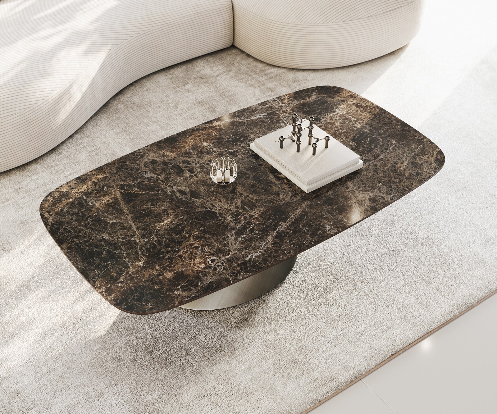 Salontafel Edge bootvorm 140x80 cm keramiek Emperador Extra Lucidato donkerbruin Conis metallic zilver 3