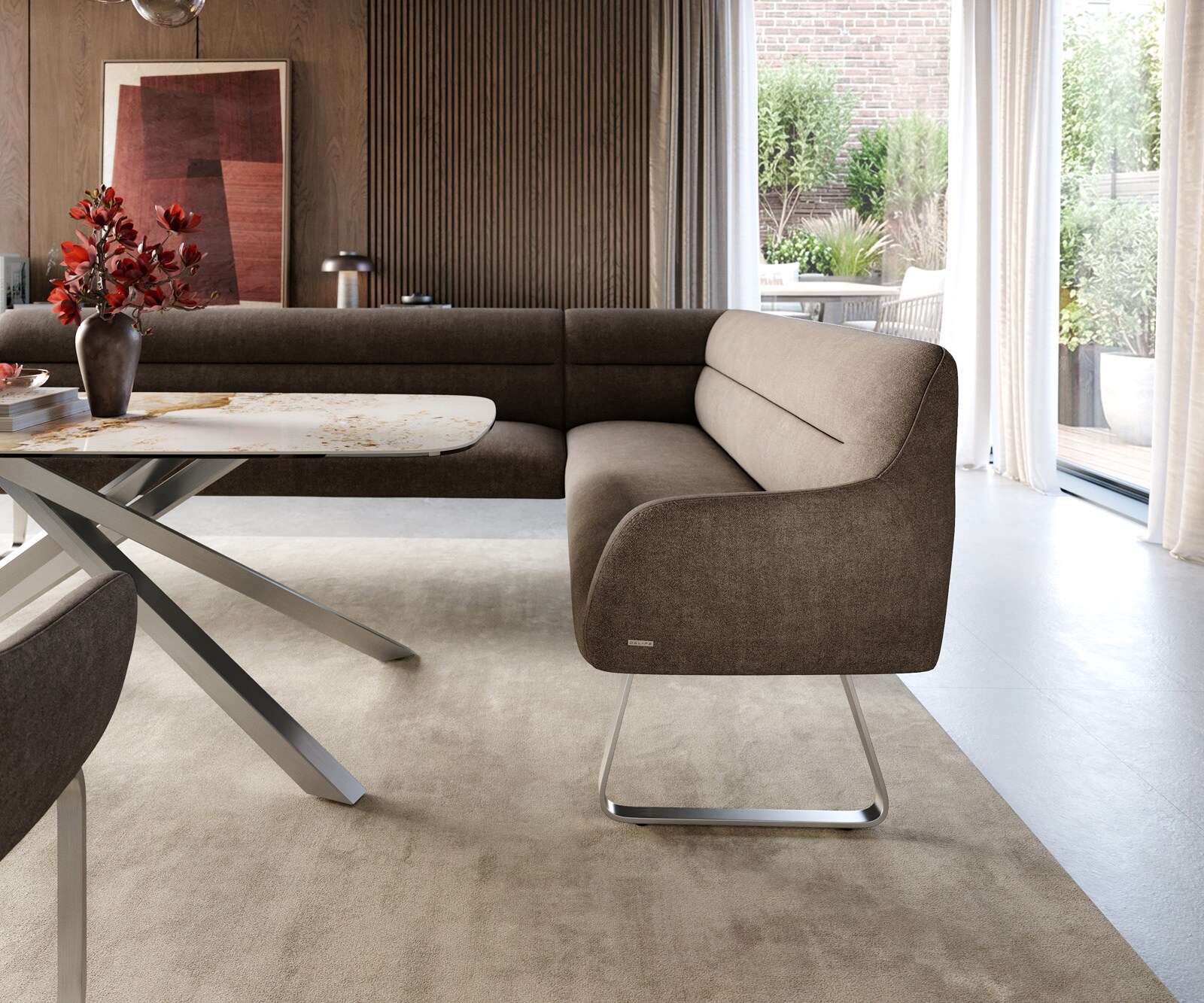 Eetkamerbank Taya-Flex 285x190 cm zachte stof met structuur taupe platte sledebasis roestvrij staal pocketvering links 5