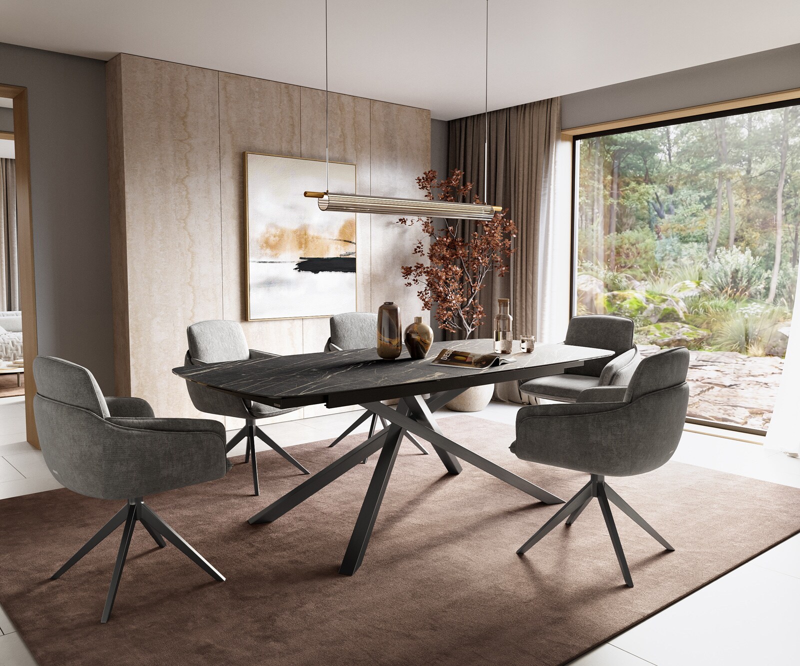 Eettafel Edge Boot 180-220x100 cm Laminam® Keramiek Noir Desir Braun kruisonderstel Rechthoek Roestvrij staal Grafiet uitschuifbaar 6