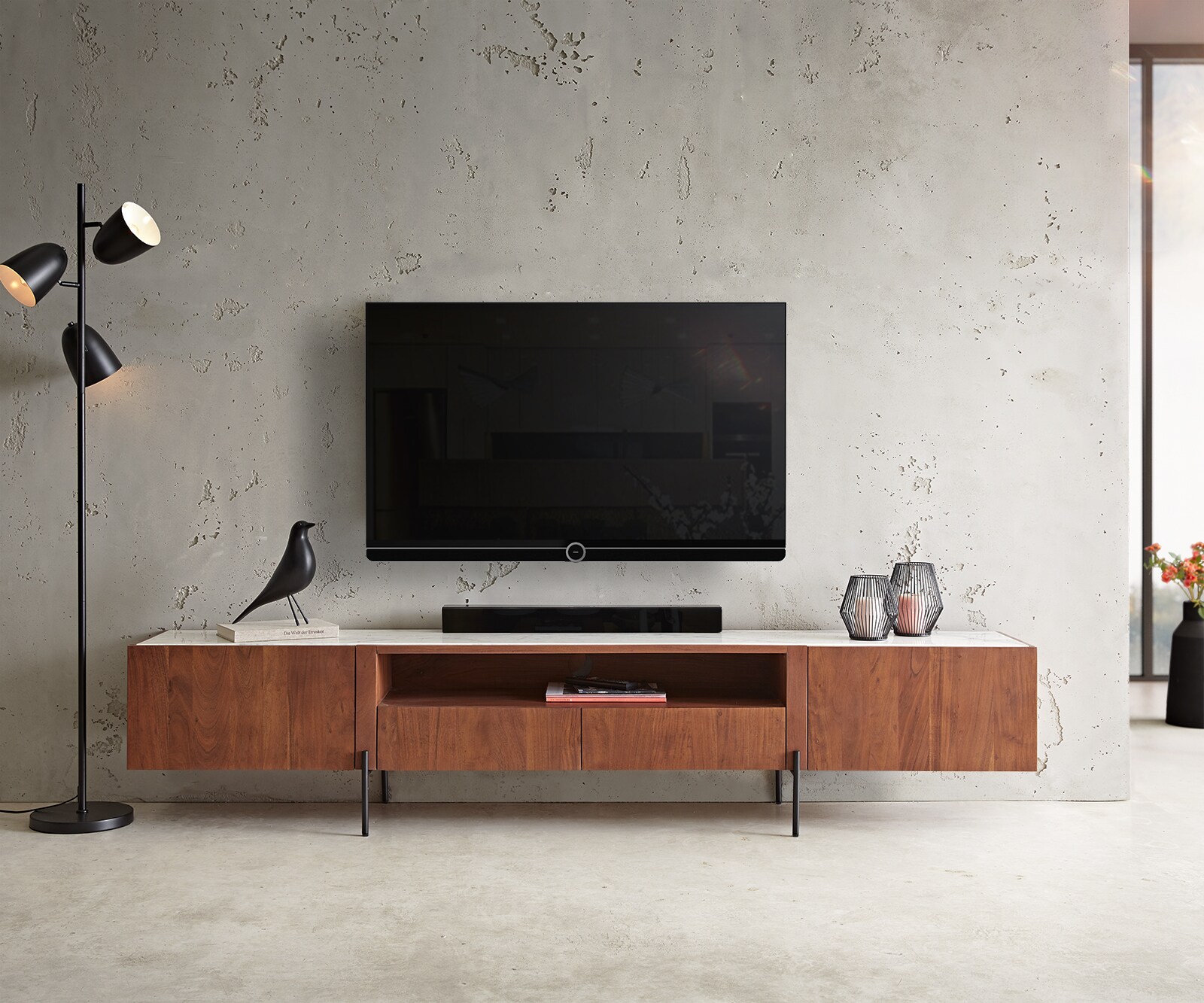 TV-meubel Secara 220 cm acacia bruin 2 deuren 2 laden marmeren poten zwart