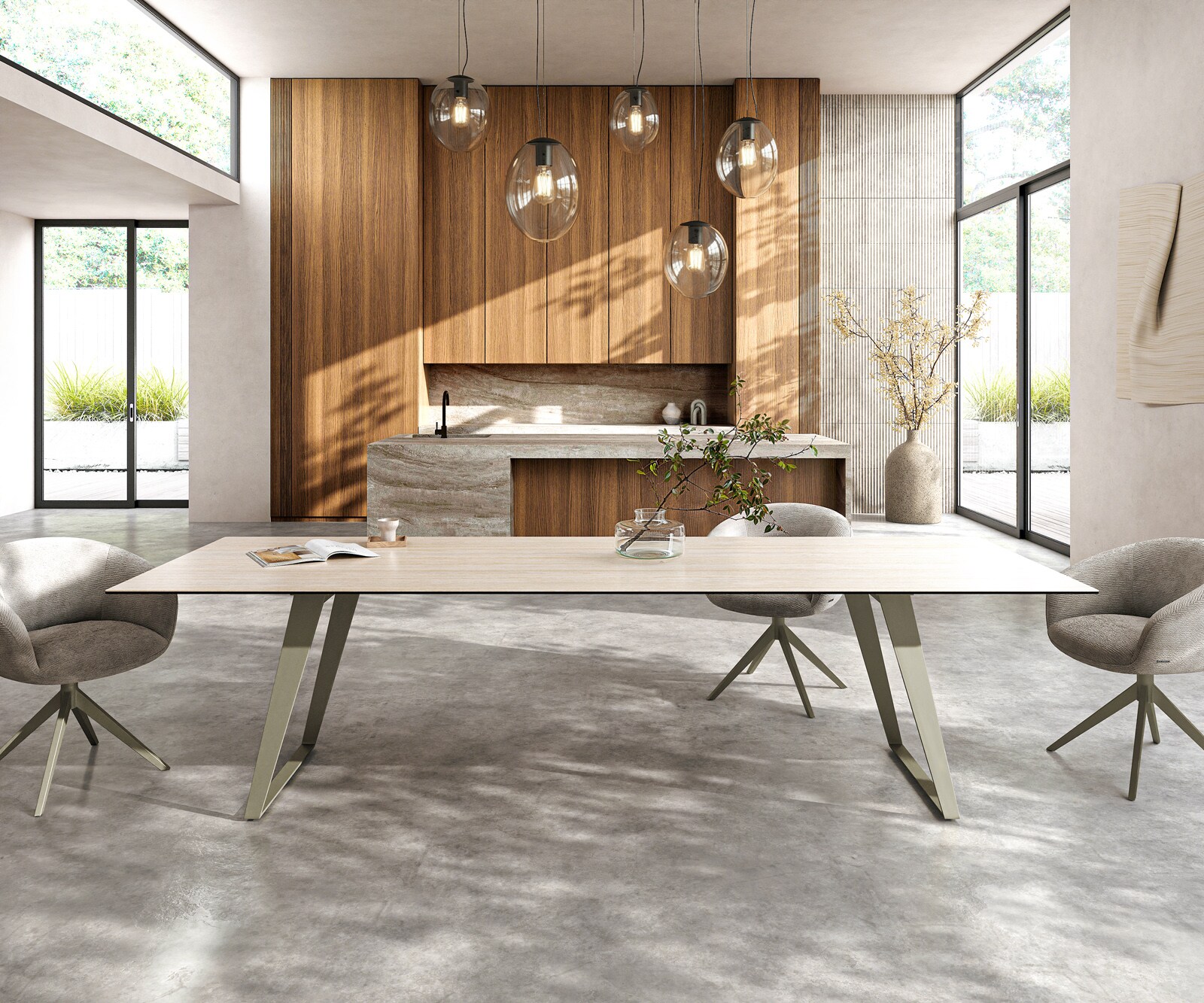 Eetkamertafel Edge 300x100 cm Keramiek Laminam®Travertino Bianco Creme-Wit Metaal Schuin Effectafwerking Titan 1