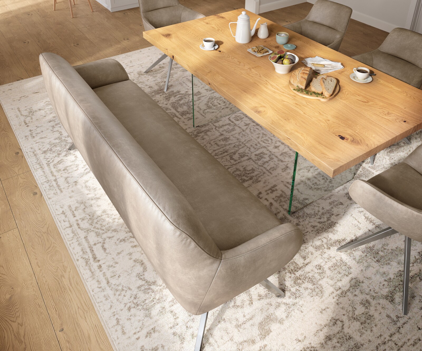 Eetkamerbank Taya-Flex 200 cm microvelours beige vintage hoekig kruisframe roestvrij staal pocketvering 3