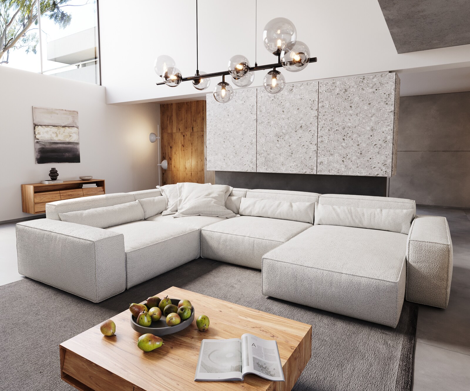 Woonkamer landschap Sirpio XL 360x260 cm bouclee crème-wit recamiere variabele