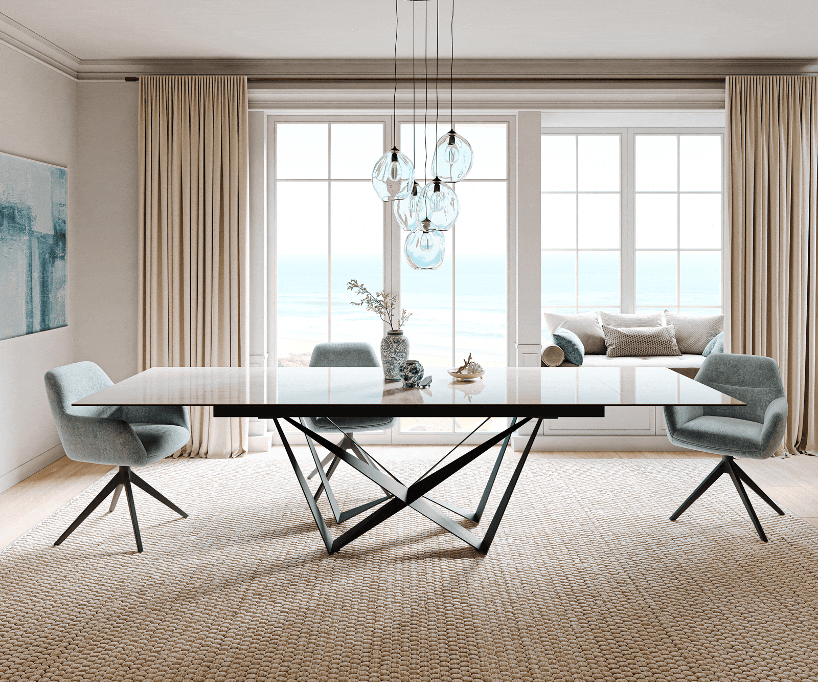 Eettafel Edge 200-300x100 cm keramiek Onyx Champagne Spider plat staal zwart uittrekbaar 2