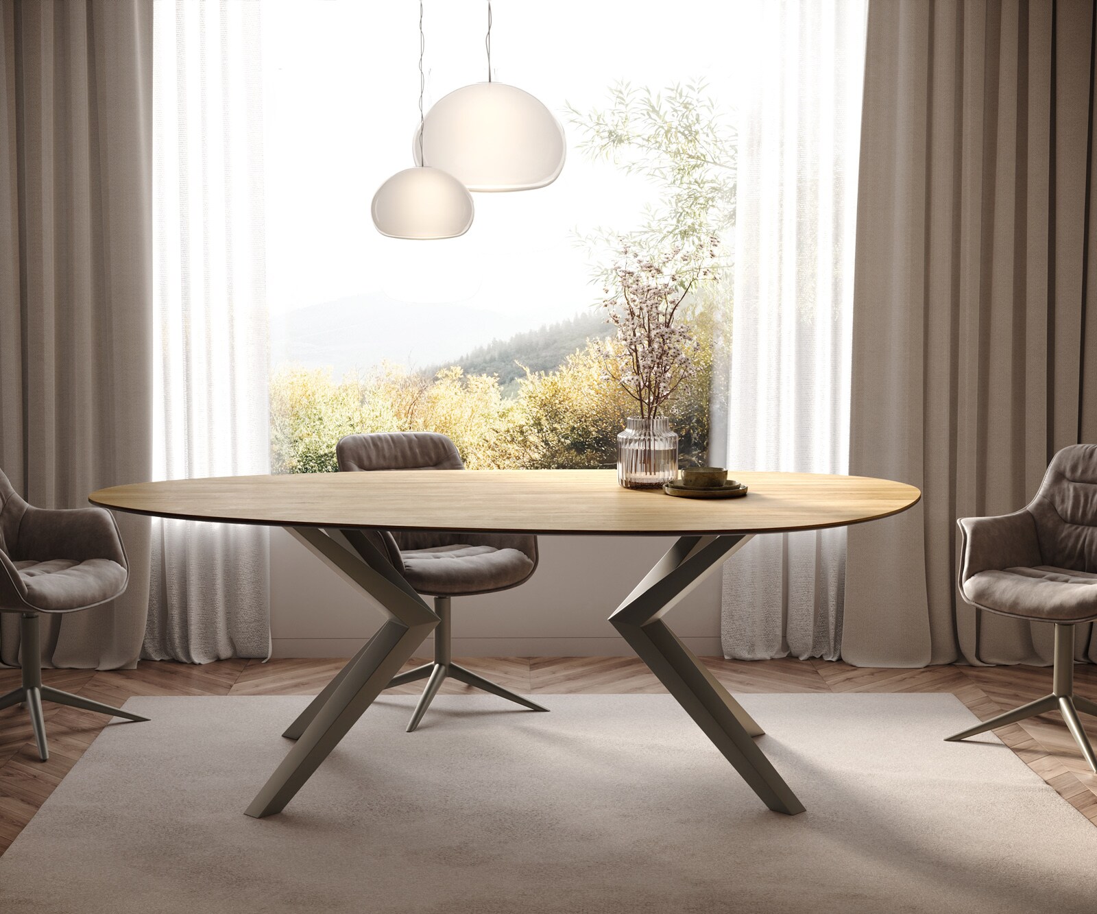 Eetkamertafel Edge ovaal 220x120 keramiek Laminam® Sabbia eiken kleur Zenthara hoekig metaal effectafwerking titaan 1
