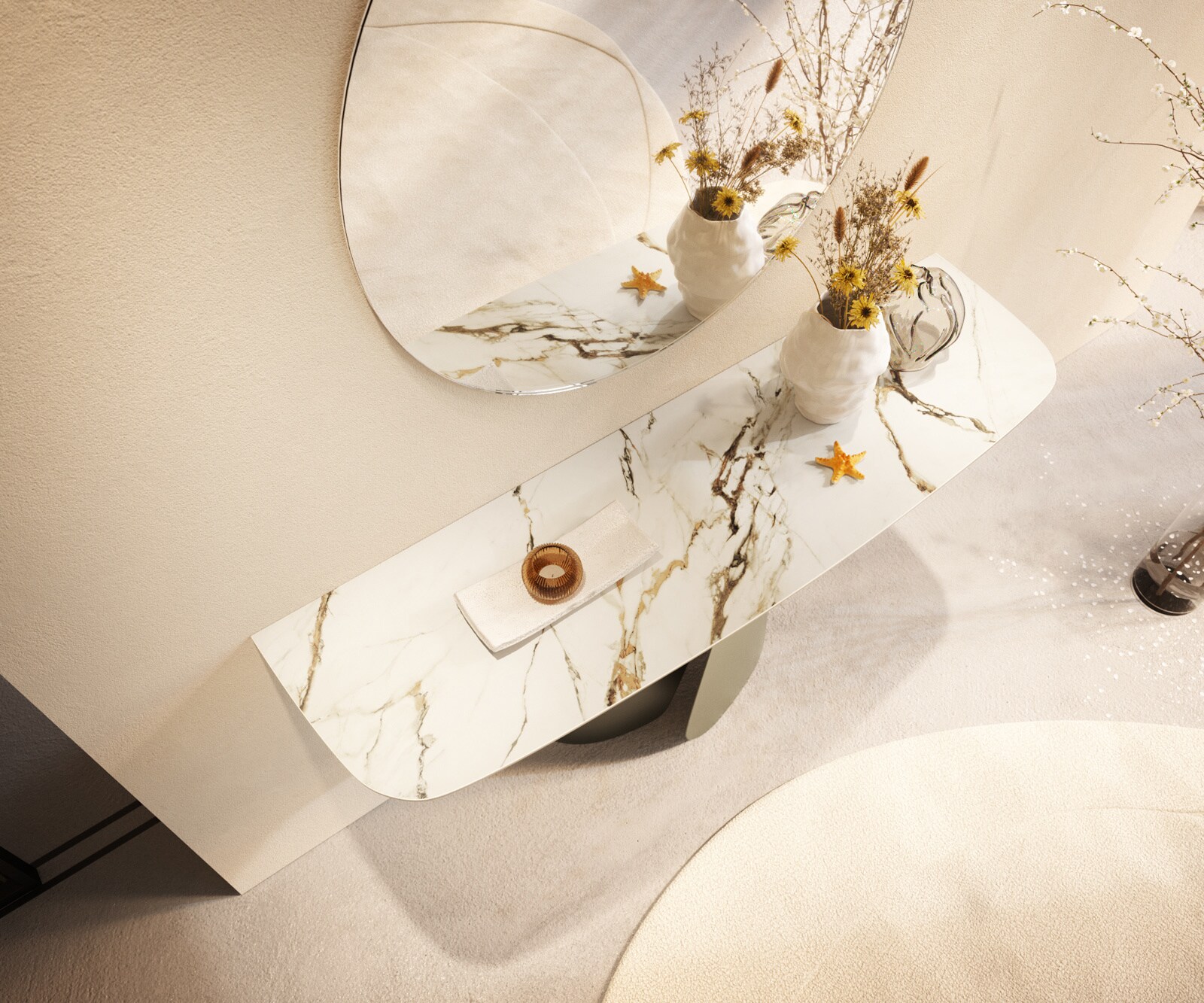 Consoletafel Edge Bootvorm 140x40 cm Keramiek Calacatta Luxe Weiß-Gold-Grijs Livos Metaal Effektfinish Titan 2