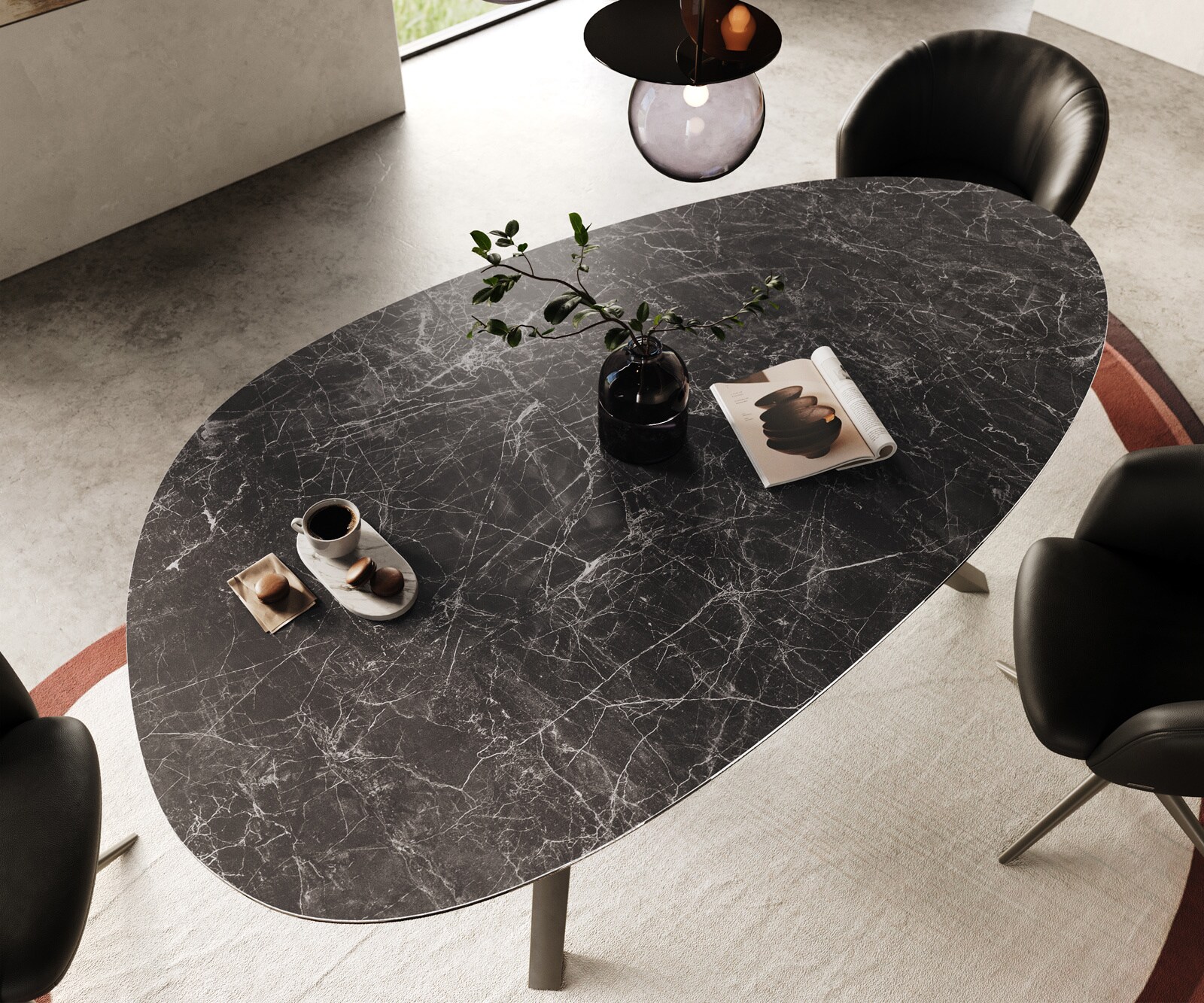Eetkamertafel Edge ovaal 220x120 Laminam® keramiek Nero Greco Anthrazit Zenthara hoekig metaal effectafwerking titaan 3