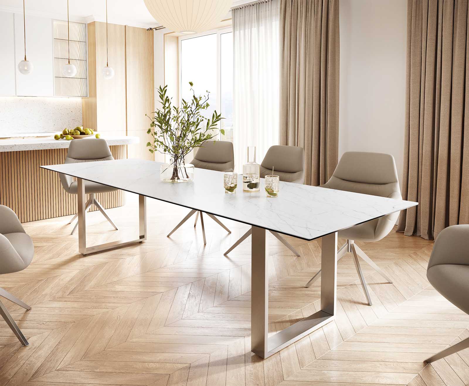 Eettafel Edge 300x100 keramiek Laminam® Statuarietto wit roestvrij staal smal