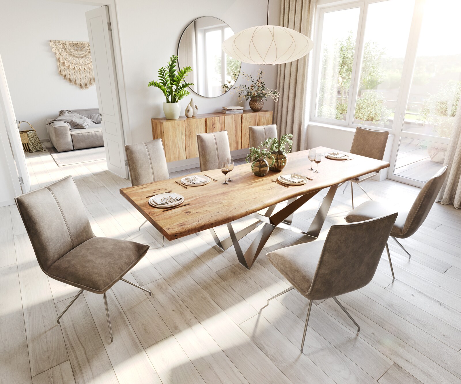Eetkamerstoel Lelio-Flex microvelours taupe vintage kruisframe conisch roestvrij staal pocketveer kern 3