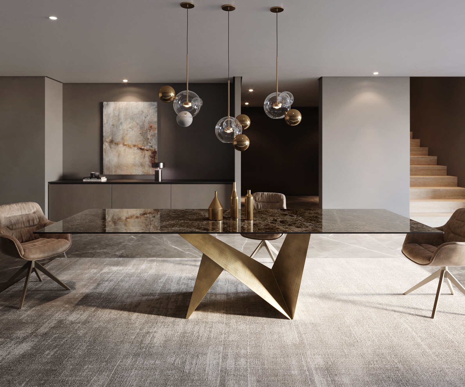 Eettafel Edge 300x100 keramiek  Laminam® Emperador Extra Lucidato donkerbruin Origami metaal goud 1