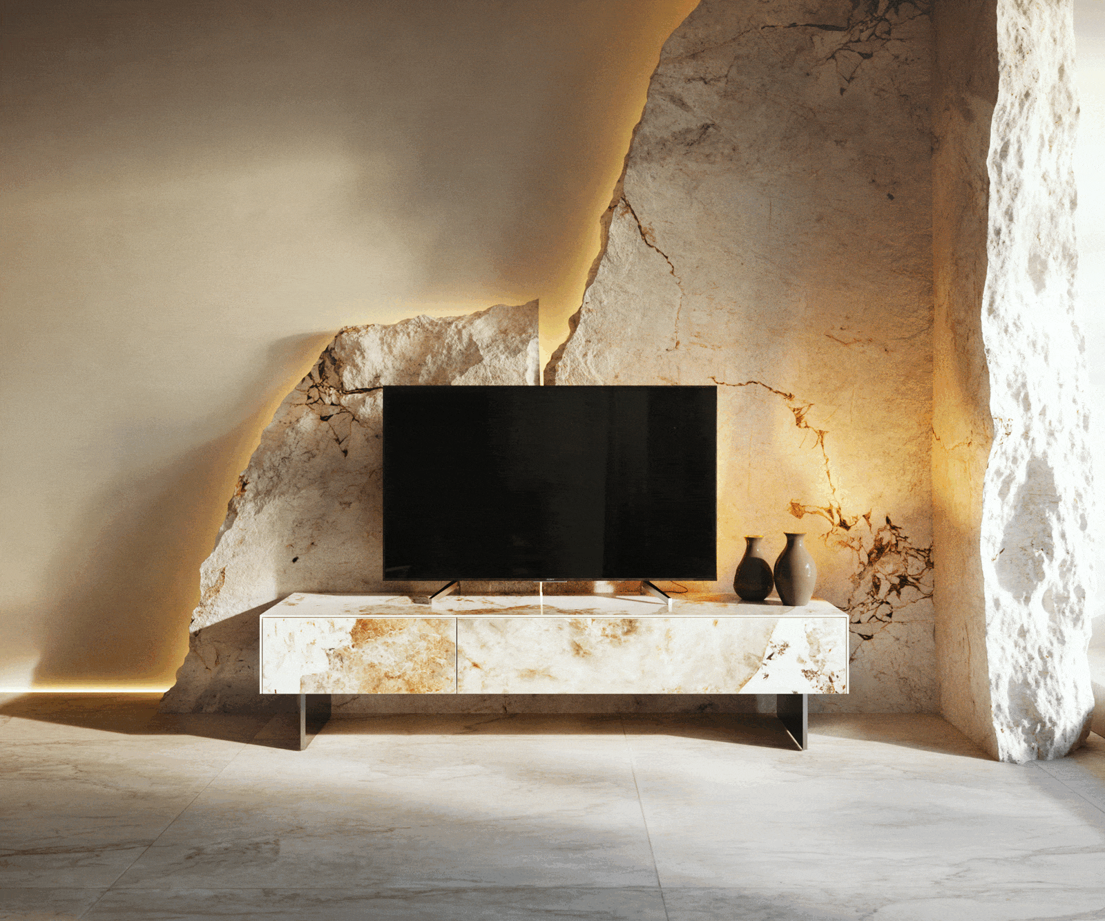 Tv-meubel Cuor 150 cm Keramiek Minas Melange Wit-beige 1 Flap 1 Lade Zwevende voet look Roestvrij staal 5