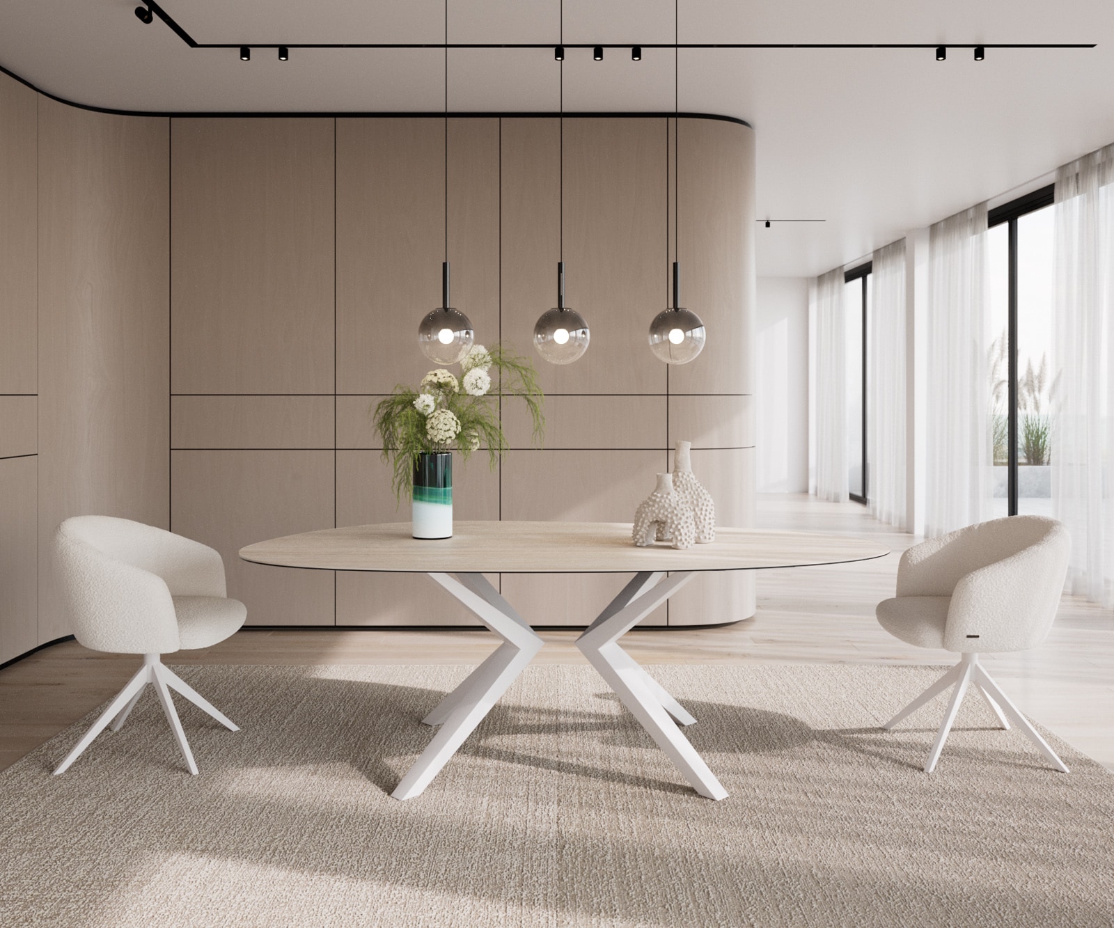 Eetkamertafel Edge ovaal 220x120 keramiek Laminam®Travertino Bianco Creme-wit Zenthara hoekig metaal wit 2