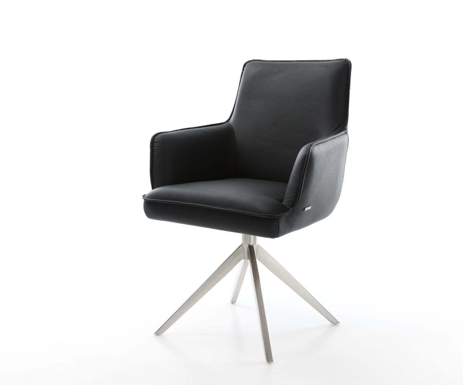 Draaistoel Heira-Flex met armleuning echt leer zwart kruisframe breed roestvrij staal 360° draaibaar rocker-functie pocketveer kern