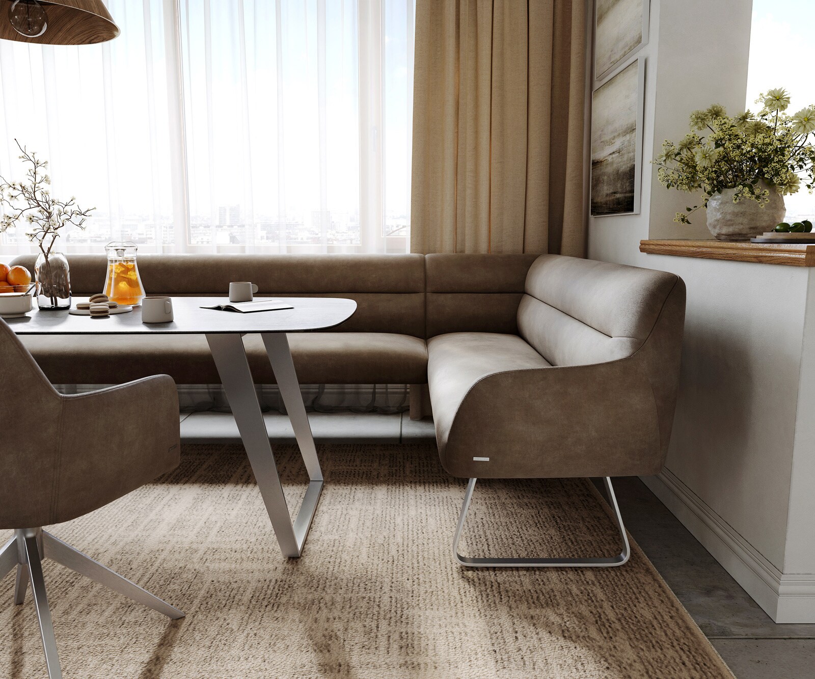 Eetkamerbank Taya-Flex 285x190 cm microvelours taupe vintage platte sledebasis roestvrij staal pocketvering links 5