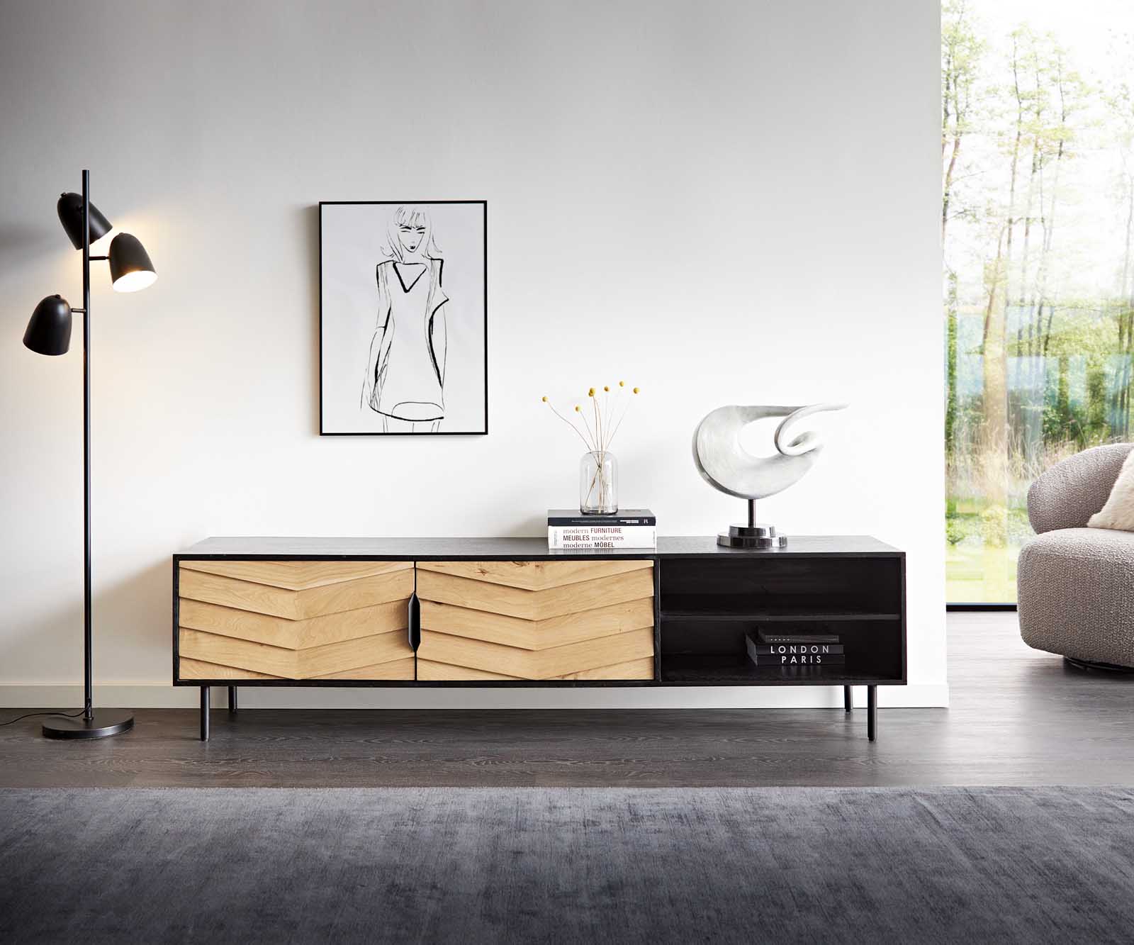 Tv-meubel Muvi 200 cm natuur eiken mango zwart metaal zwart 2 deuren 2 vakken 1