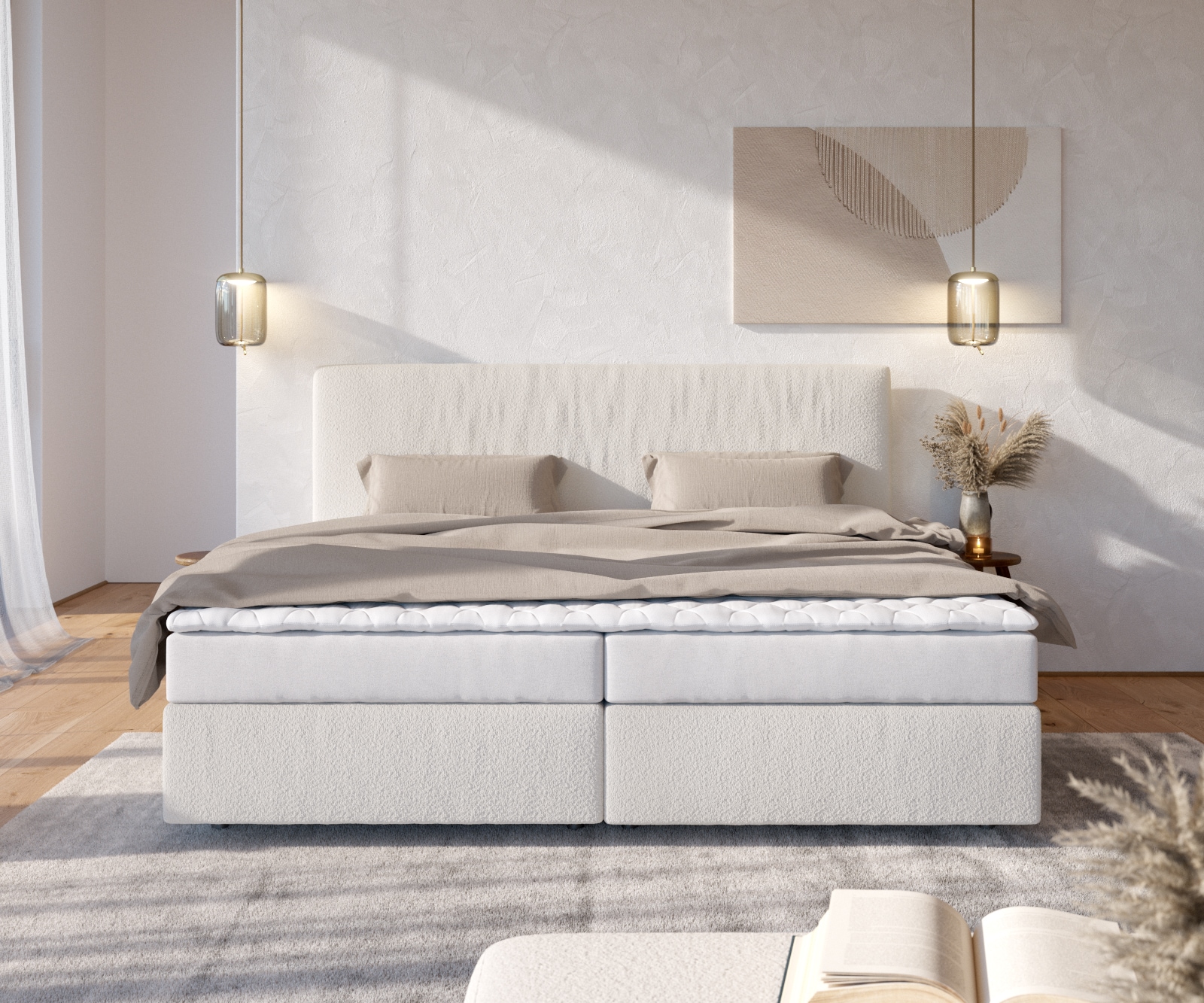 Boxspringbed Dream-Well Bouclé Crème-Wit 200x200 cm met Bonell-matras en PU-topper 1 Boxspringbed Dream-Well Bouclé Crème-Wit 200x200 cm met Bonell-matras en PU-topper 1