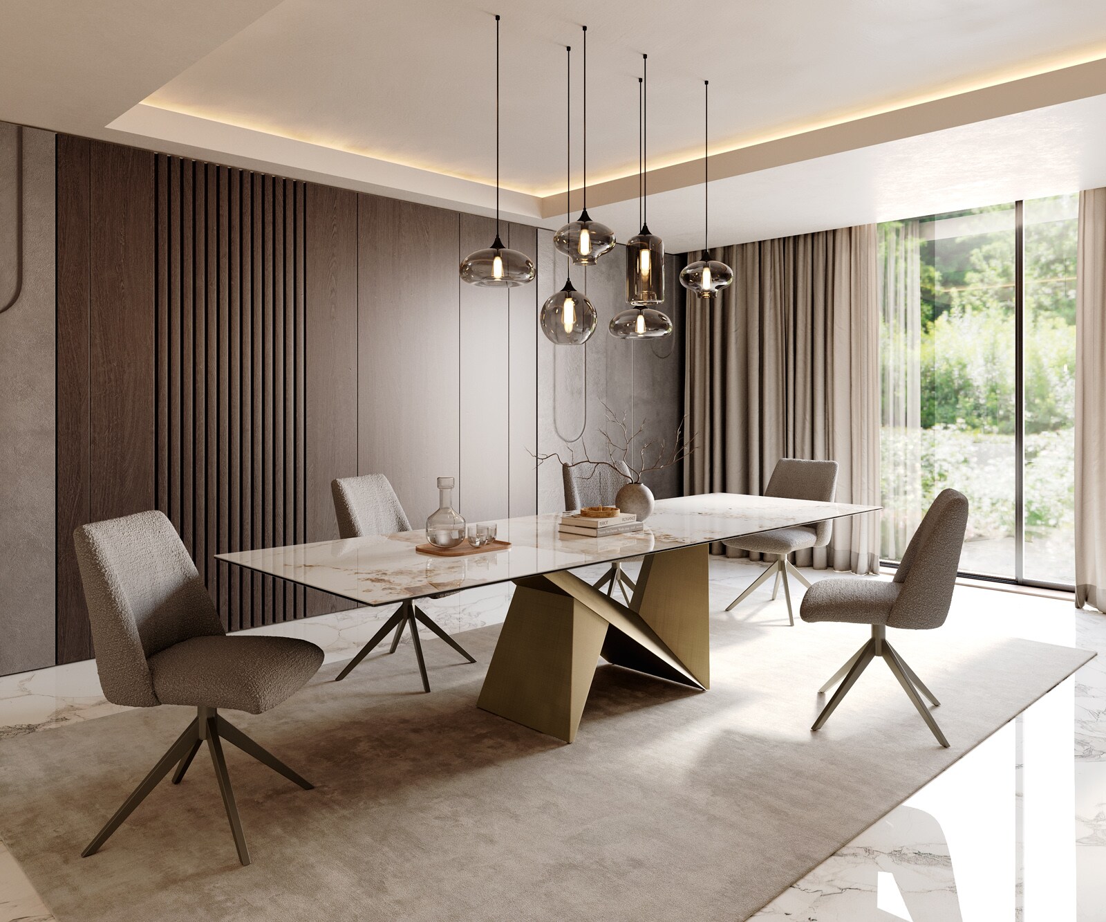 Eettafel Edge 300x100 keramiek  Minas Melange wit-beige  Origami metaal goud 7