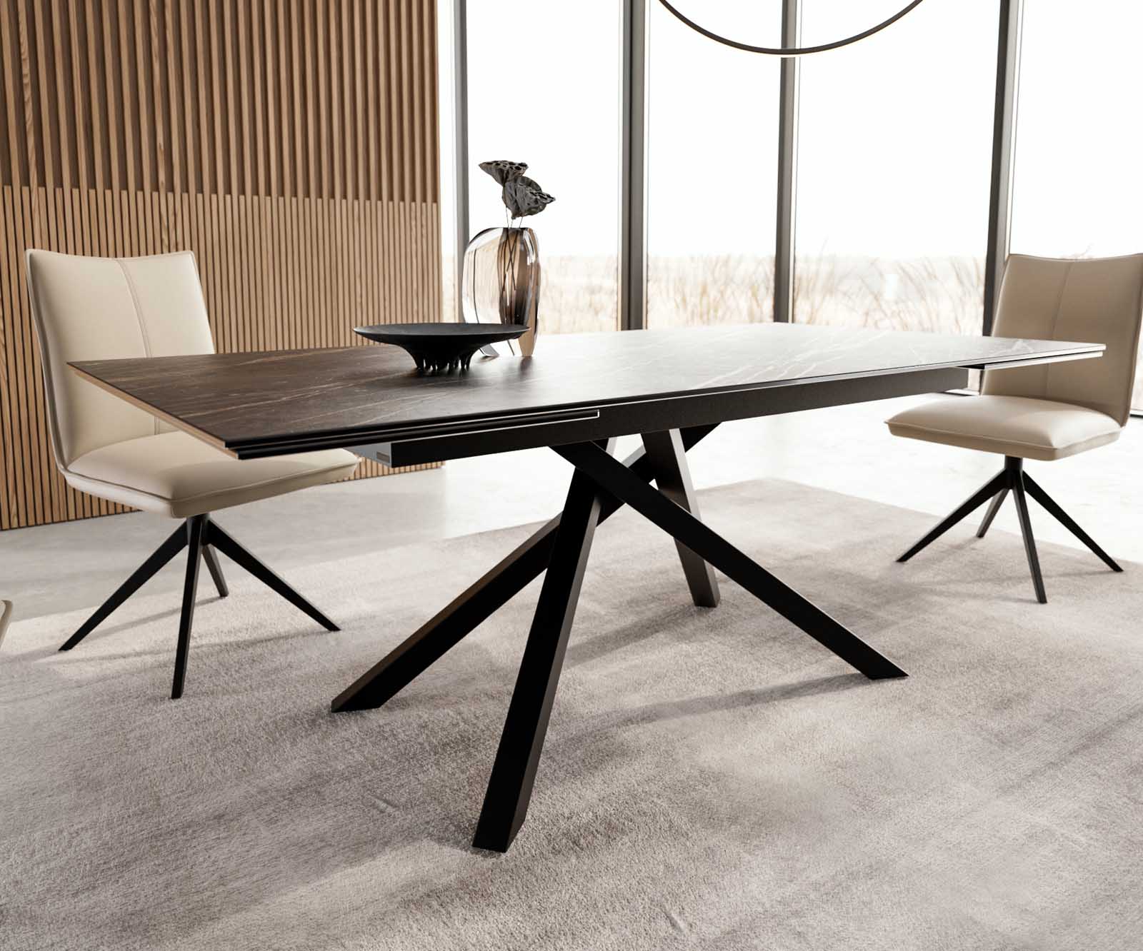 Eetkamertafel Edge 200-300x100 keramiek Laminam®Noir Desir bruin kruisframe rechthoek zwart uitschuifbaar 5