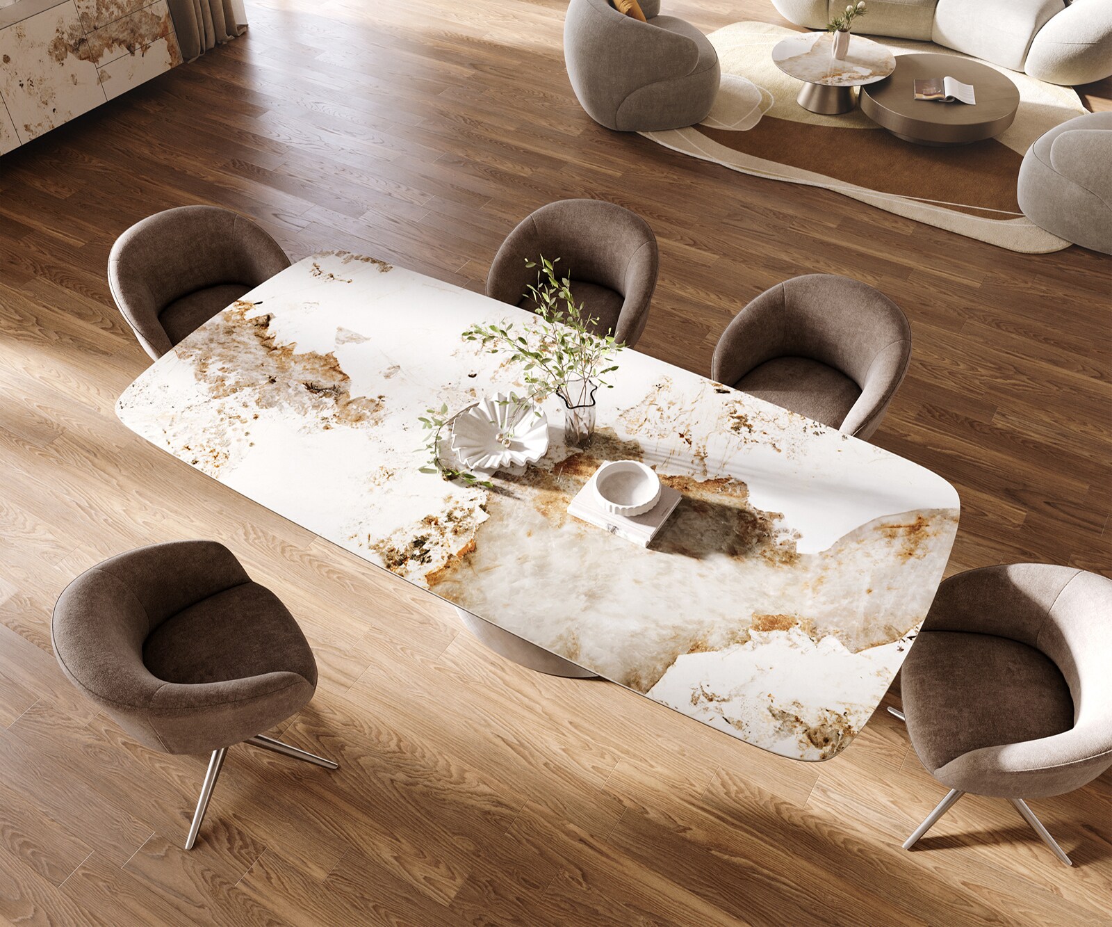 Eettafel Edge Boot 260x120 cm Keramiek Minas Melange Wit-Beige Cono Metaalic Zilver 4
