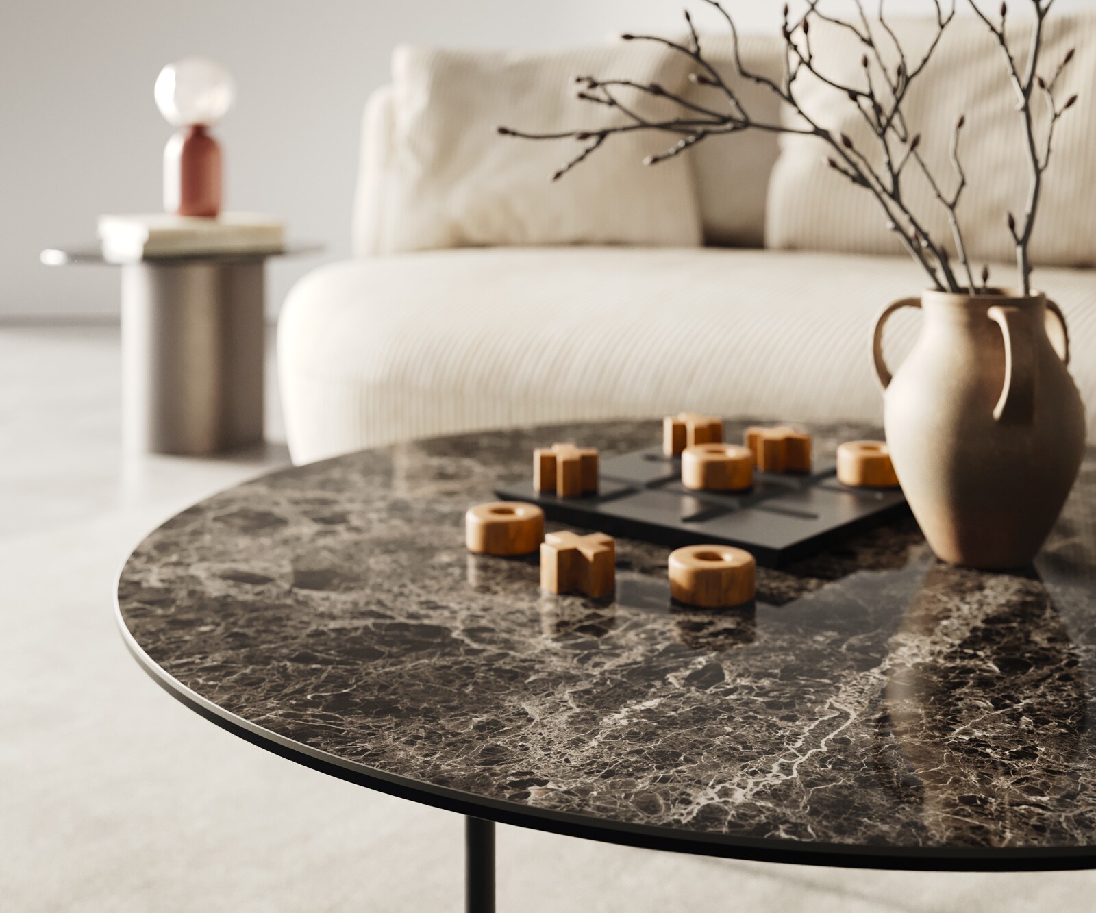 Salontafel Edge rond 90x90 cm keramiek Laminam® Emperador Extra Lucidato donkerbruin Trive zwart metaal 6