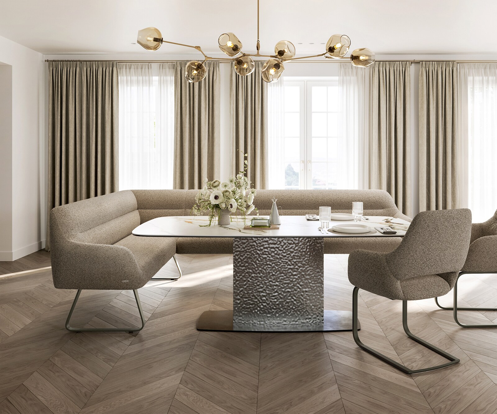 Eetkamerbank Taya-Flex 285x190 cm bouclé mud platte sledebasis afwerking met titaniumeffect pocketvering rechts 2