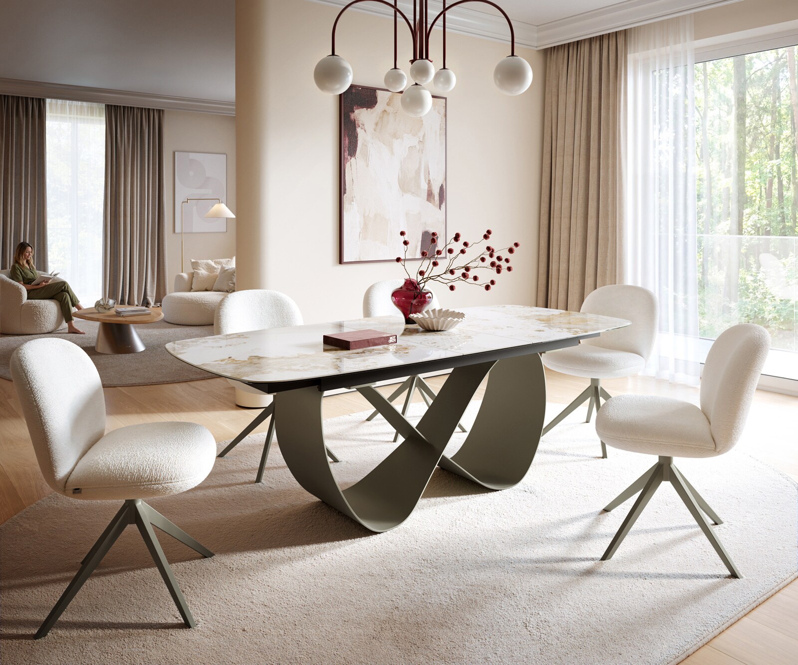 Eettafel Edge Boot 180-220x100 Keramiek Minas Melange Wit-beige Infinity metaal effect afwerking titanium Uitschuifbaar 1