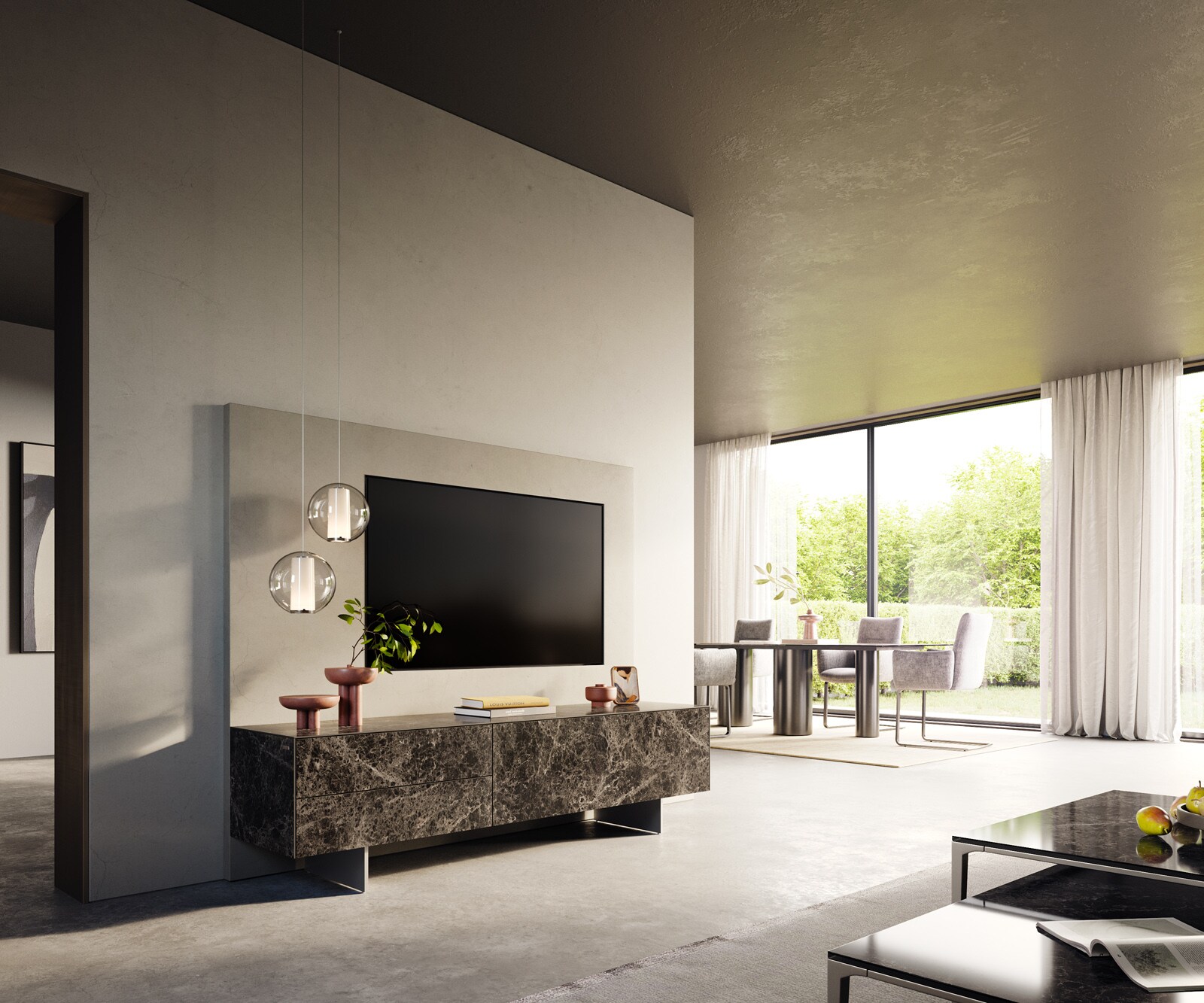 Tv-meubel Cuor 180 cm Keramiek Laminam® Emperador Extra Lucidato Donkerbruin 1 Flap 2 Laden Zwevende voet look Roestvrij staal 7